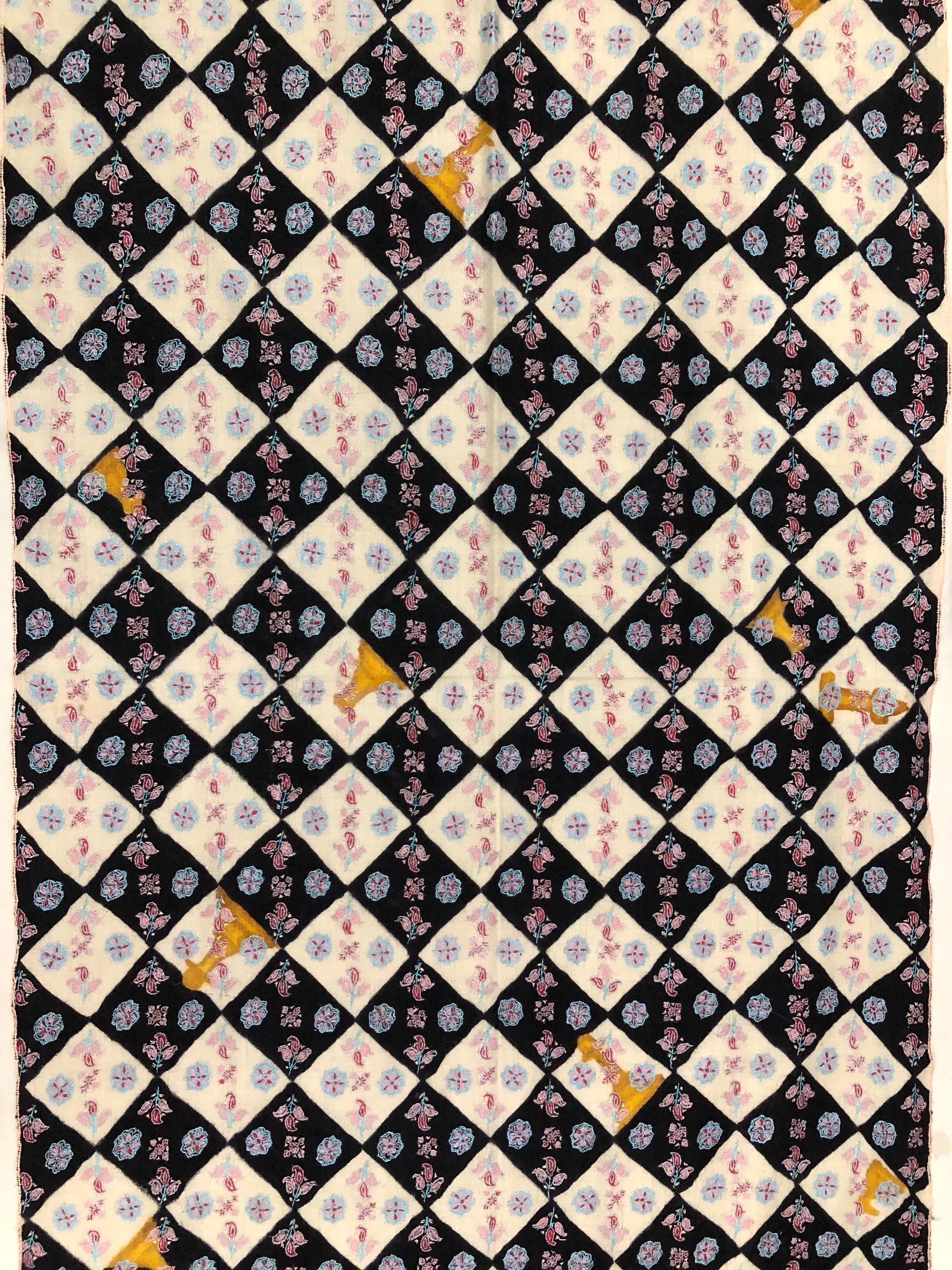 Black And White Hand Painted Chess Pattern With Elegant Floral Embroidery Handmade Real Cashmere Pashmina Stole - Mehraj Crafts 