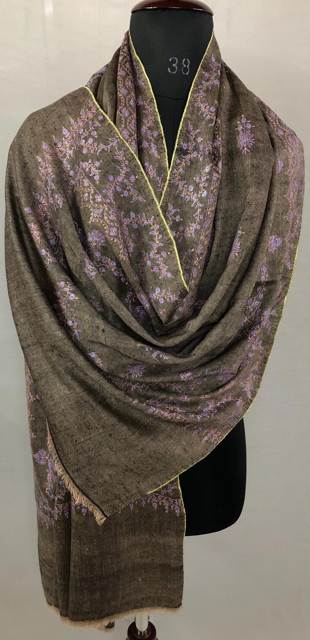 Black Mocha Superfine Hand Embroidered Modern Design Authentic Handwoven Real Cashmere Pashmina Stole - Mehraj Crafts 