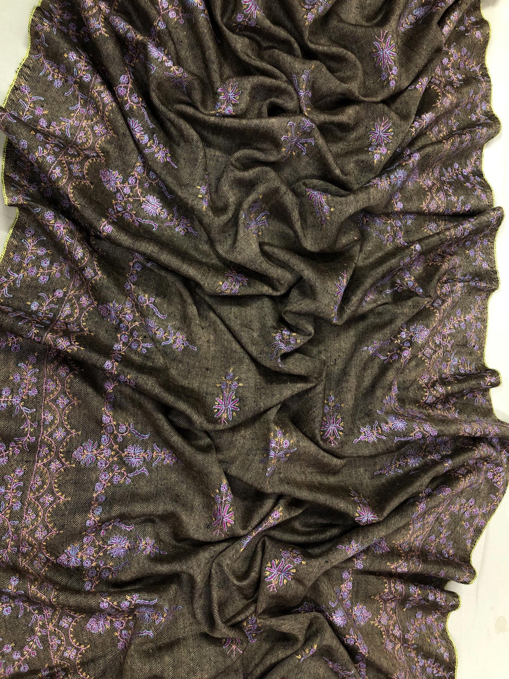 Black Mocha Superfine Hand Embroidered Modern Design Authentic Handwoven Real Cashmere Pashmina Stole - Mehraj Crafts 