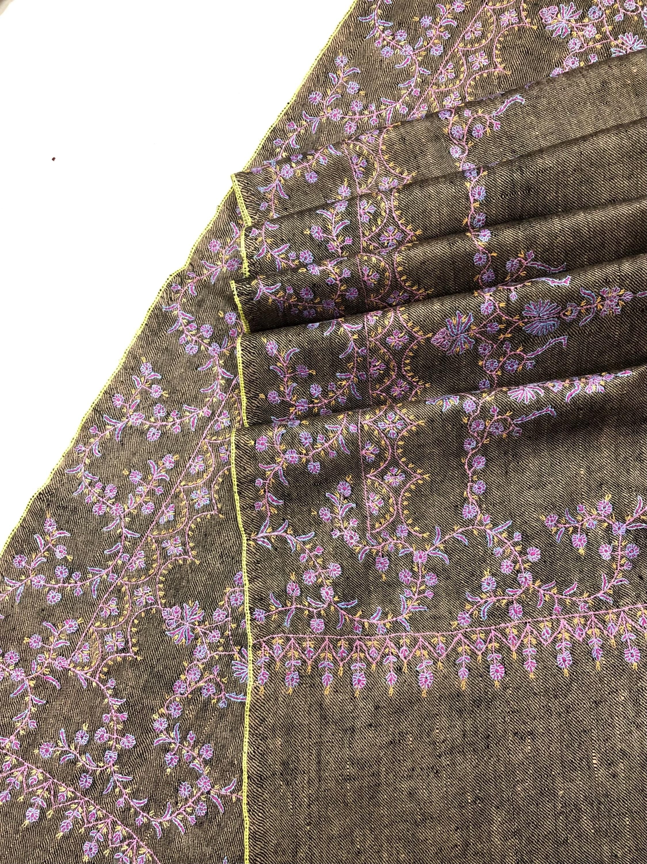Black Mocha Superfine Hand Embroidered Modern Design Authentic Handwoven Real Cashmere Pashmina Stole - Mehraj Crafts 
