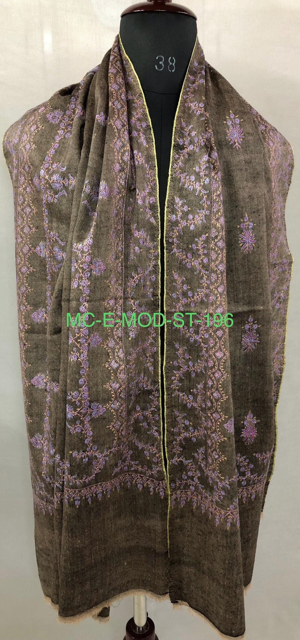 Black Mocha Superfine Hand Embroidered Modern Design Authentic Handwoven Real Cashmere Pashmina Stole - Mehraj Crafts 