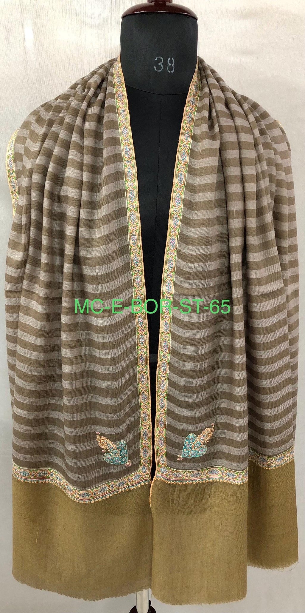 Luxurious Handwoven Brown and Gray Striped Real Pashmina Stole with Superfine Sozni Embroidery Border - Mehraj Crafts 