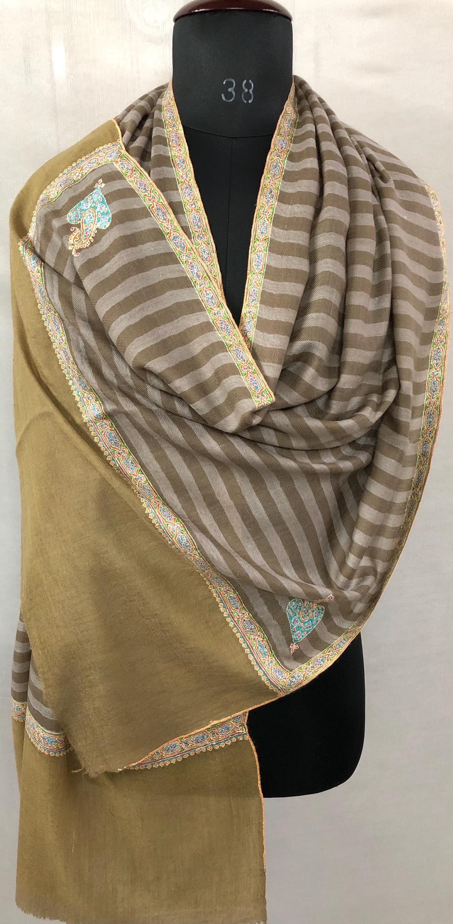 Luxurious Handwoven Brown and Gray Striped Real Pashmina Stole with Superfine Sozni Embroidery Border - Mehraj Crafts 
