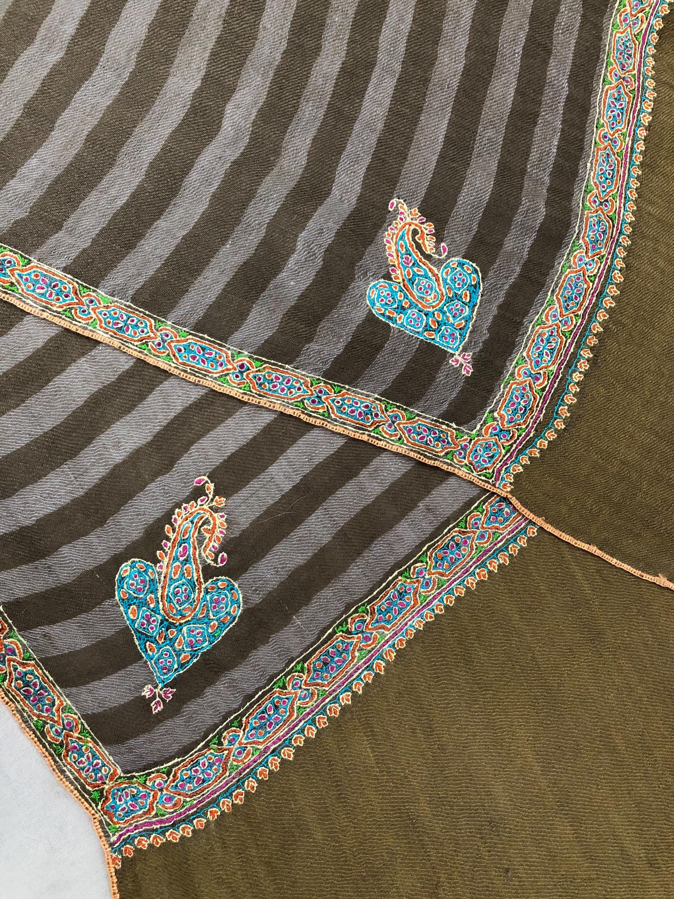 Luxurious Handwoven Brown and Gray Striped Real Pashmina Stole with Superfine Sozni Embroidery Border - Mehraj Crafts 
