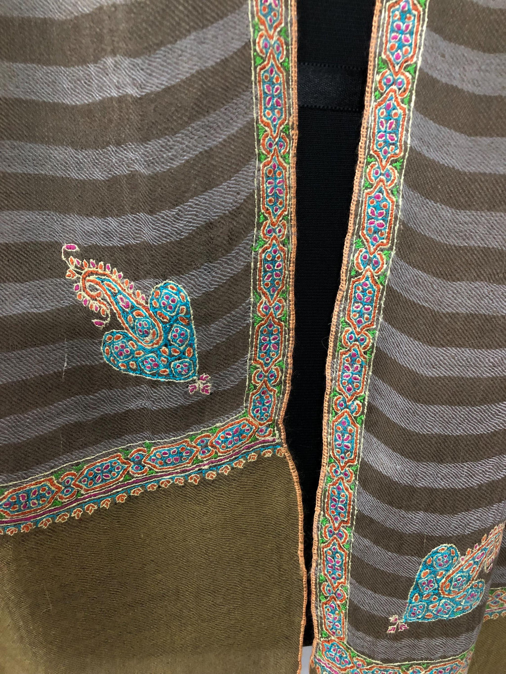 Luxurious Handwoven Brown and Gray Striped Real Pashmina Stole with Superfine Sozni Embroidery Border - Mehraj Crafts 