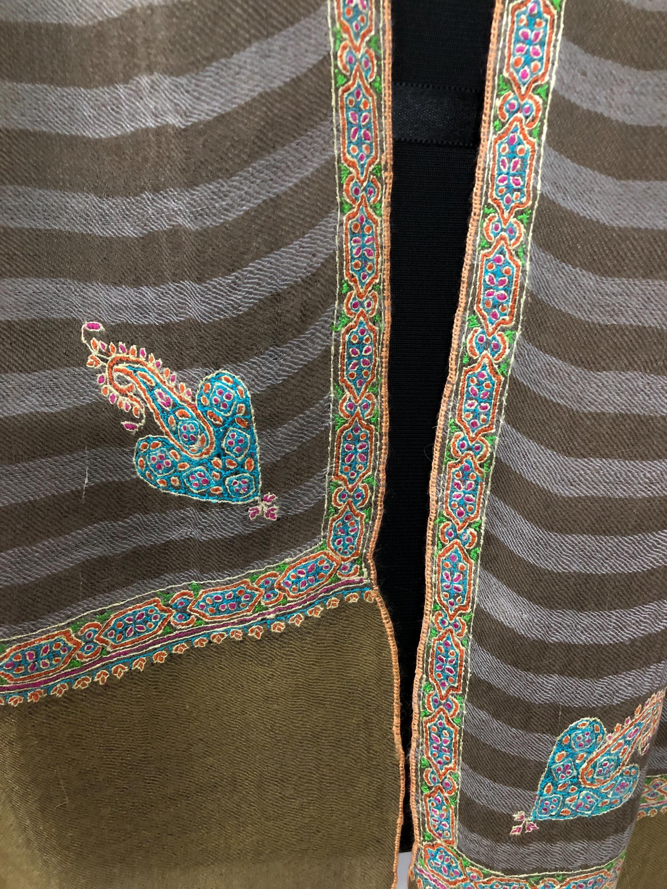 Luxurious Handwoven Brown and Gray Striped Real Pashmina Stole with Superfine Sozni Embroidery Border - Mehraj Crafts 