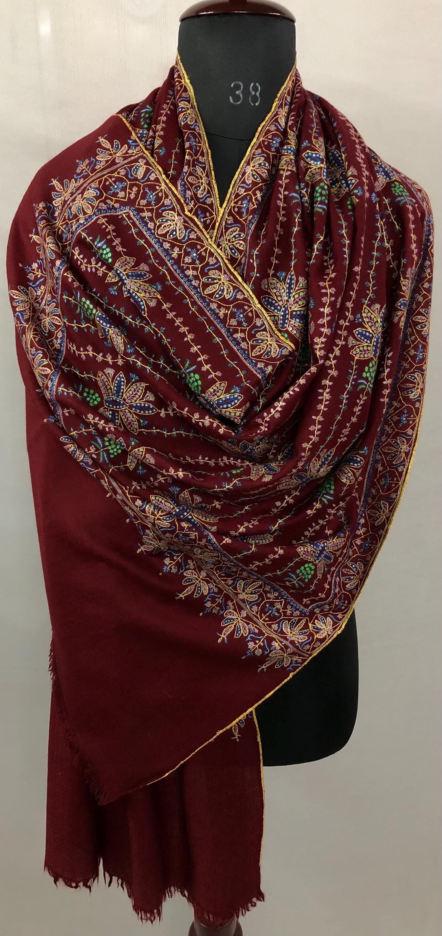 Ruby Wine Pashmina Stole: Hand-Embroidered Floral Design, Authentic Cashmere