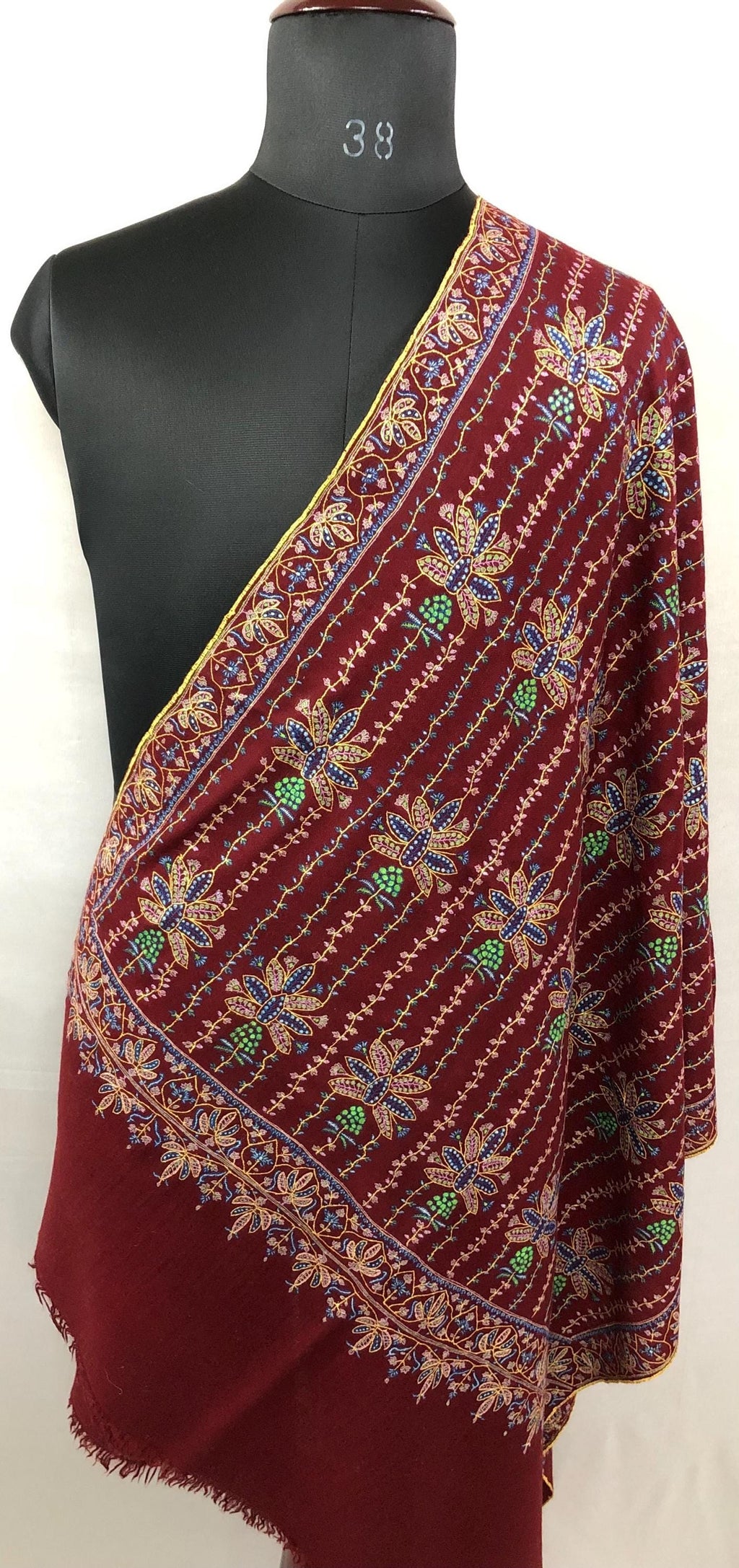 Luxury Ruby Wine Real Pashmina Stole with Super Microfine Traditional Floral Jaal Design | Officiant Gifts | Wedding Pashminas - Mehraj Crafts 
