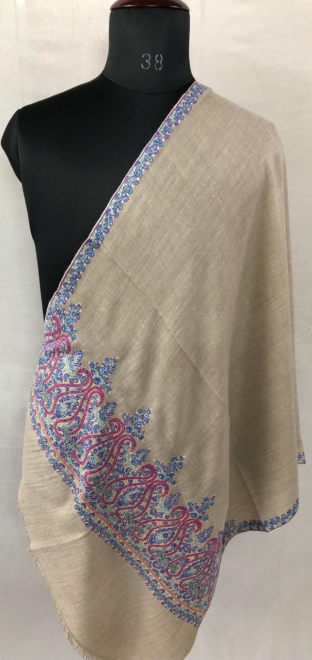 Unique Handmade Undyed Real Goat Pashmina Stole with Sozni Super Microfine Embroidery Palla | Wedding Pashminas - Mehraj Crafts 