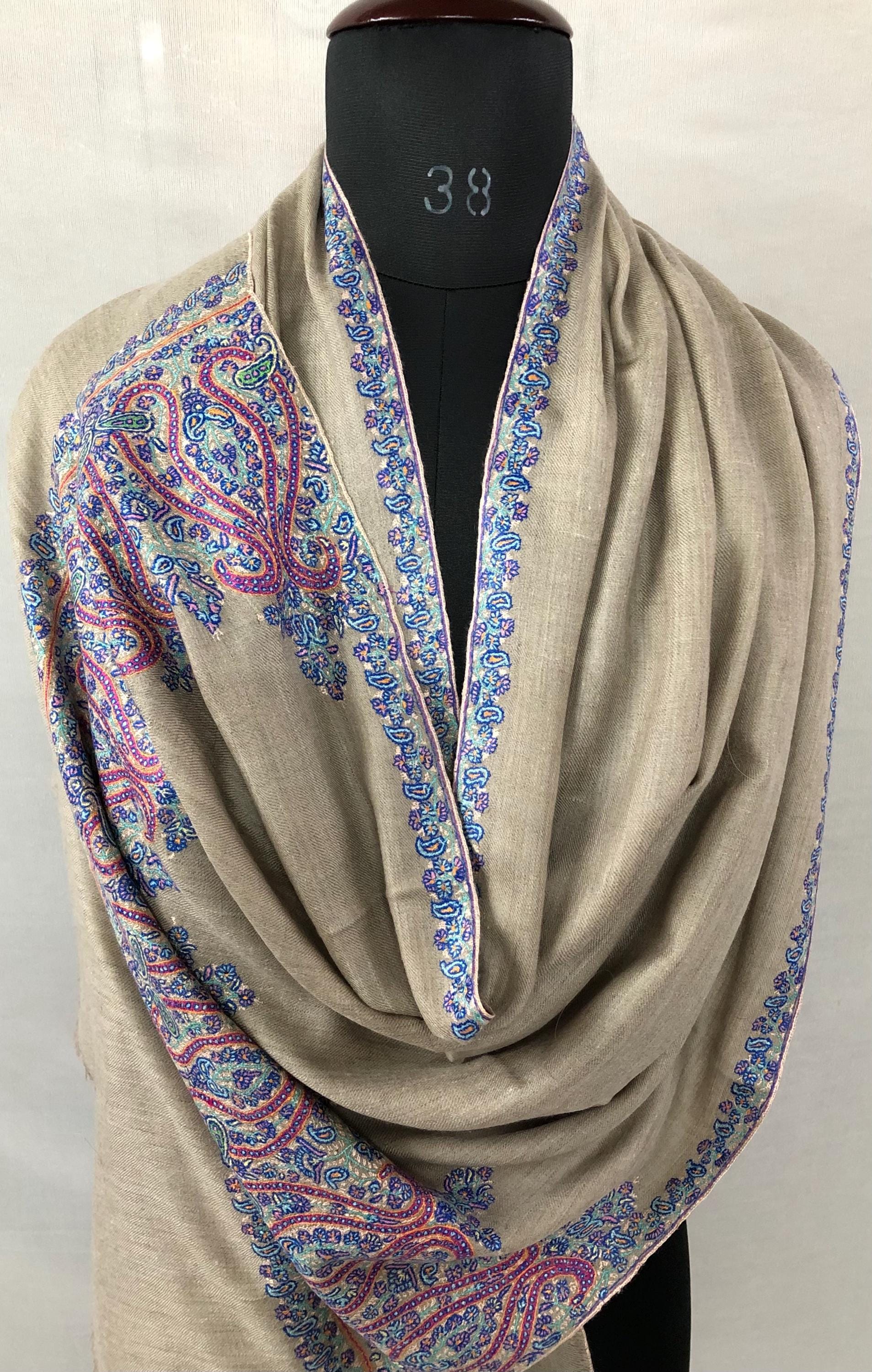 Unique Handmade Undyed Real Goat Pashmina Stole with Sozni Super Microfine Embroidery Palla | Wedding Pashminas - Mehraj Crafts 