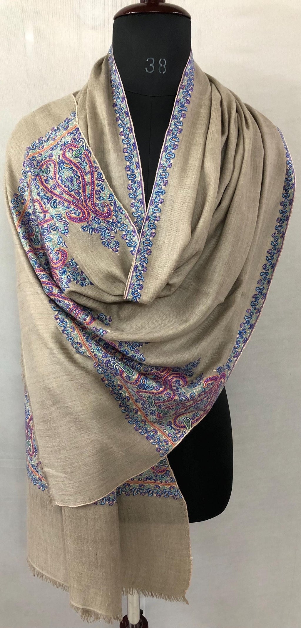Unique Handmade Undyed Real Goat Pashmina Stole with Sozni Super Microfine Embroidery Palla | Wedding Pashminas - Mehraj Crafts 