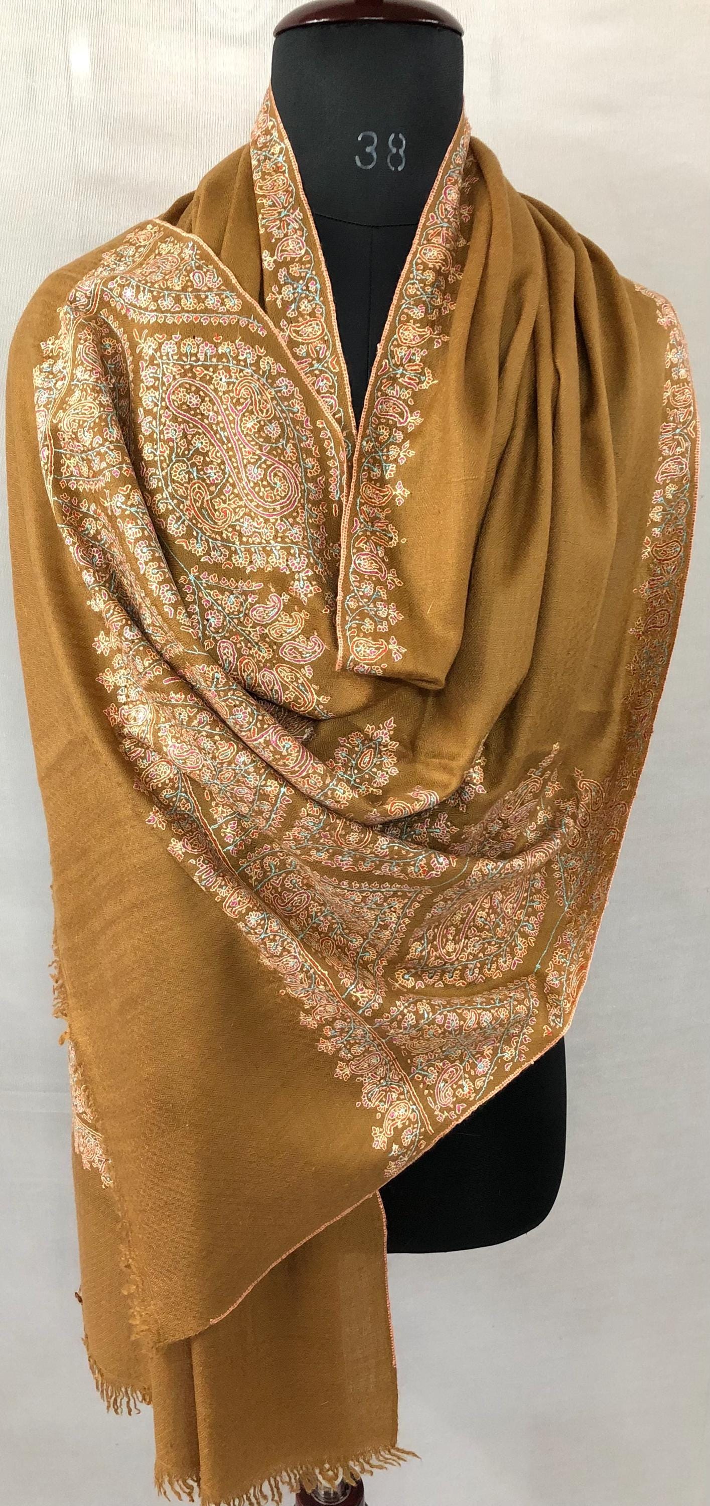 Luxurious Almond Colored Real Kashmiri Pashmina Stole with Intricate Sozni Super Microfine Embroidery Palla | Wedding Pashminas - Mehraj Crafts 