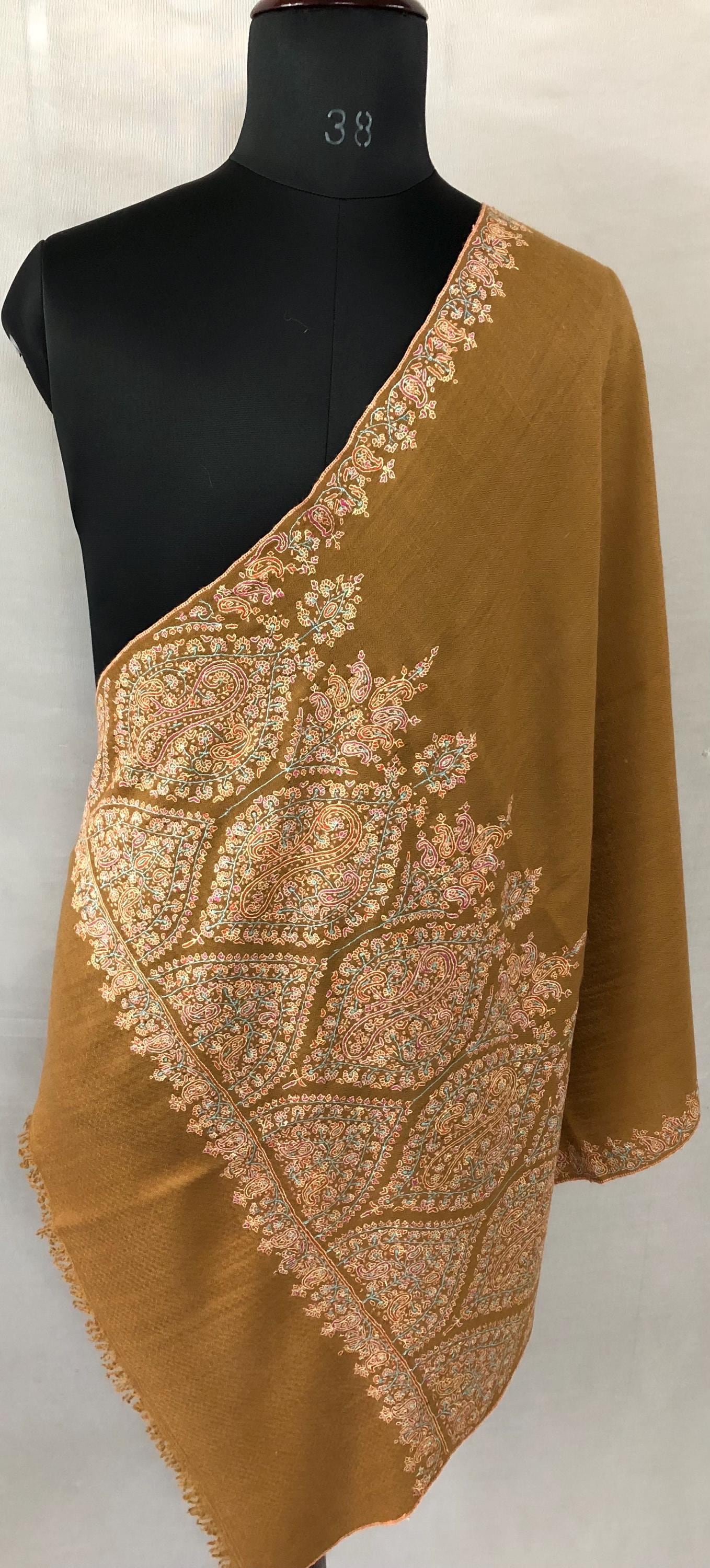 Luxurious Almond Colored Real Kashmiri Pashmina Stole with Intricate Sozni Super Microfine Embroidery Palla | Wedding Pashminas - Mehraj Crafts 