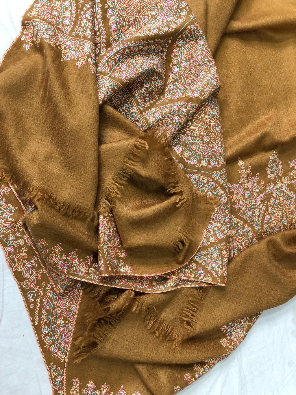 Luxurious Almond Colored Real Kashmiri Pashmina Stole with Intricate Sozni Super Microfine Embroidery Palla | Wedding Pashminas - Mehraj Crafts 