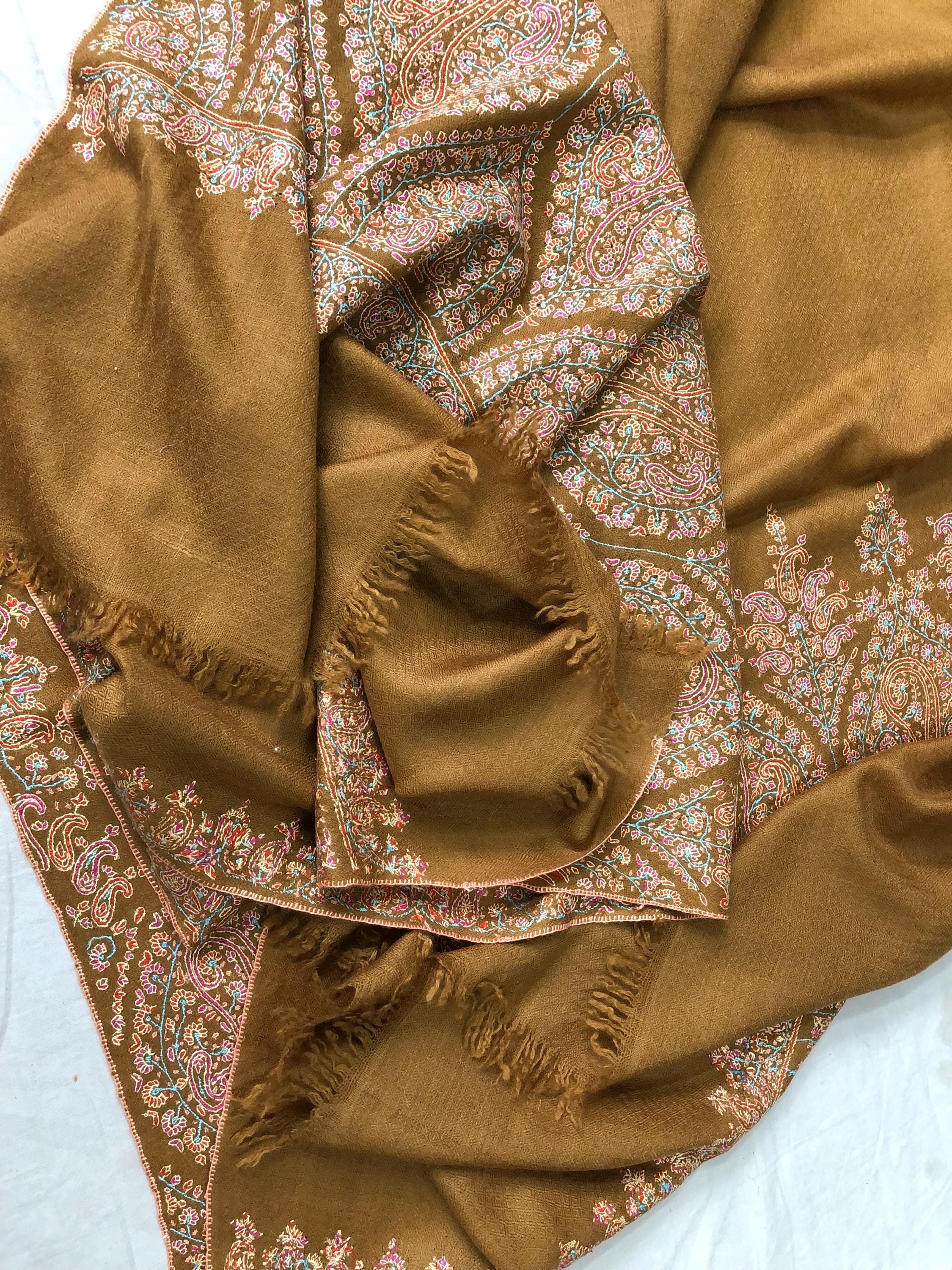 Luxurious Almond Colored Real Kashmiri Pashmina Stole with Intricate Sozni Super Microfine Embroidery Palla | Wedding Pashminas - Mehraj Crafts 