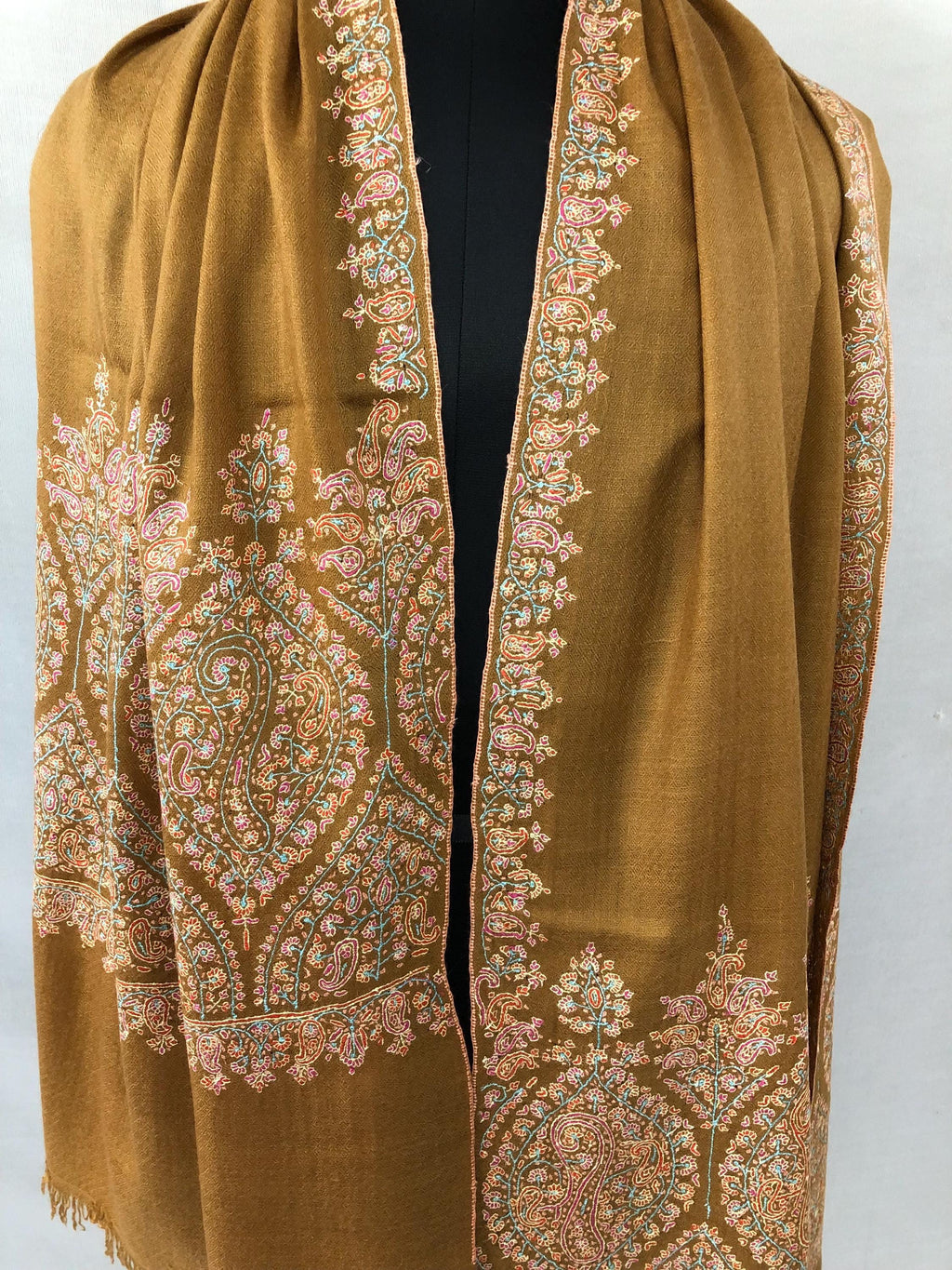 Luxurious Almond Colored Real Kashmiri Pashmina Stole with Intricate Sozni Super Microfine Embroidery Palla | Wedding Pashminas - Mehraj Crafts 