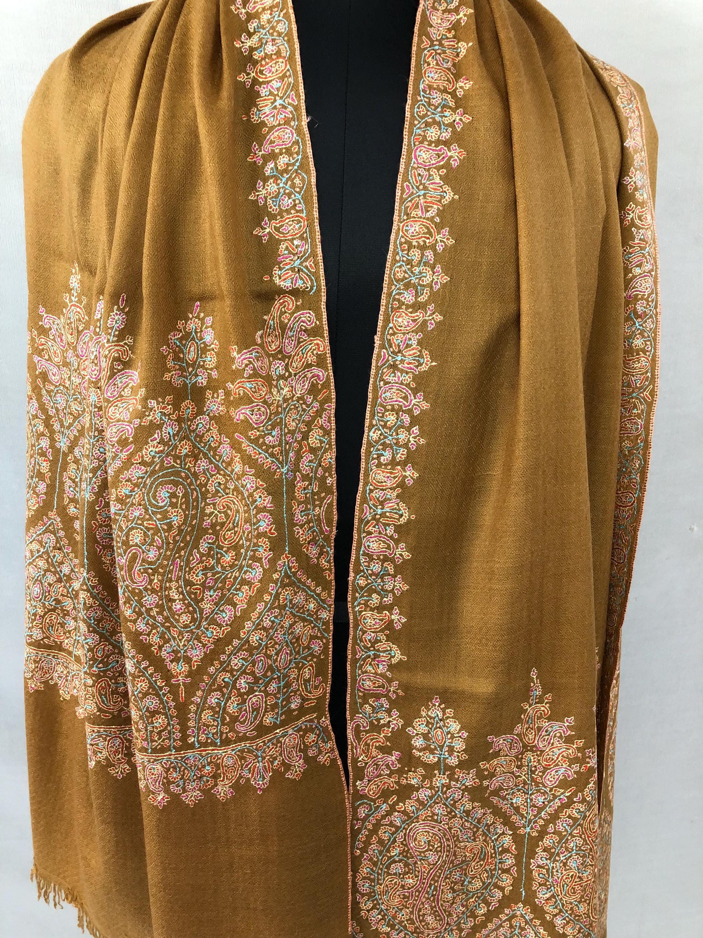 Luxurious Almond Colored Real Kashmiri Pashmina Stole with Intricate Sozni Super Microfine Embroidery Palla | Wedding Pashminas - Mehraj Crafts 