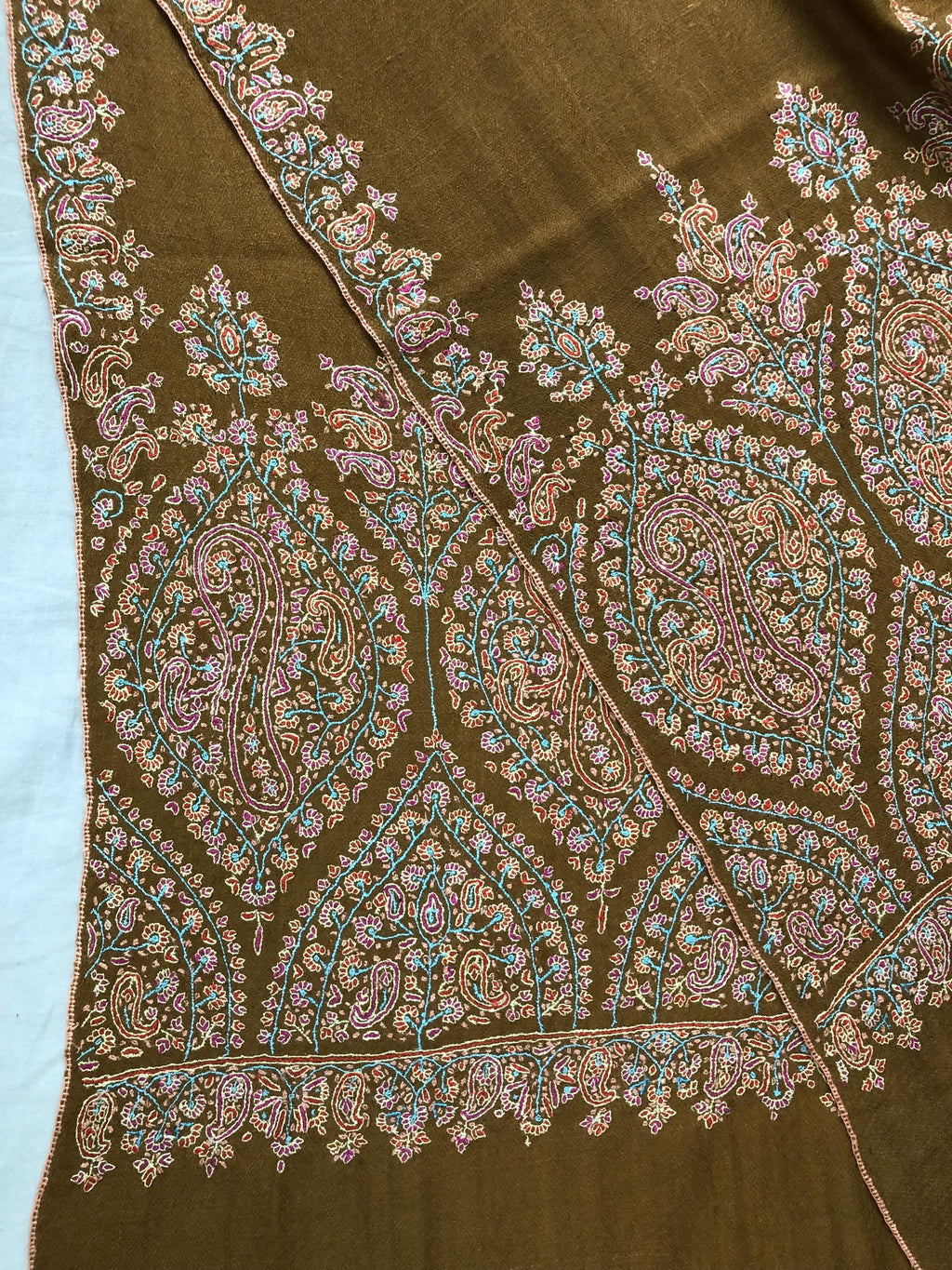 Luxurious Almond Colored Real Kashmiri Pashmina Stole with Intricate Sozni Super Microfine Embroidery Palla | Wedding Pashminas - Mehraj Crafts 