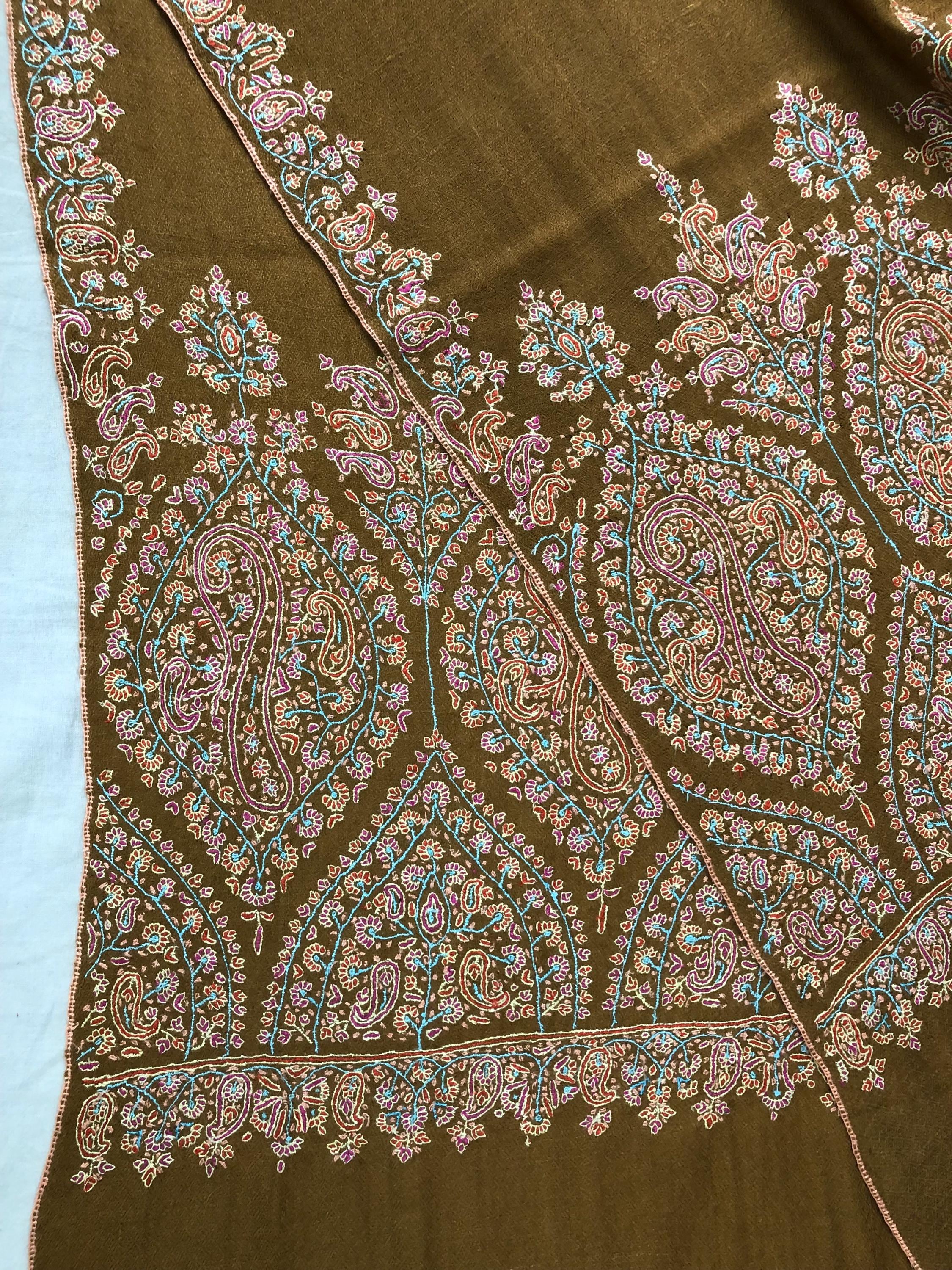 Luxurious Almond Colored Real Kashmiri Pashmina Stole with Intricate Sozni Super Microfine Embroidery Palla | Wedding Pashminas - Mehraj Crafts 
