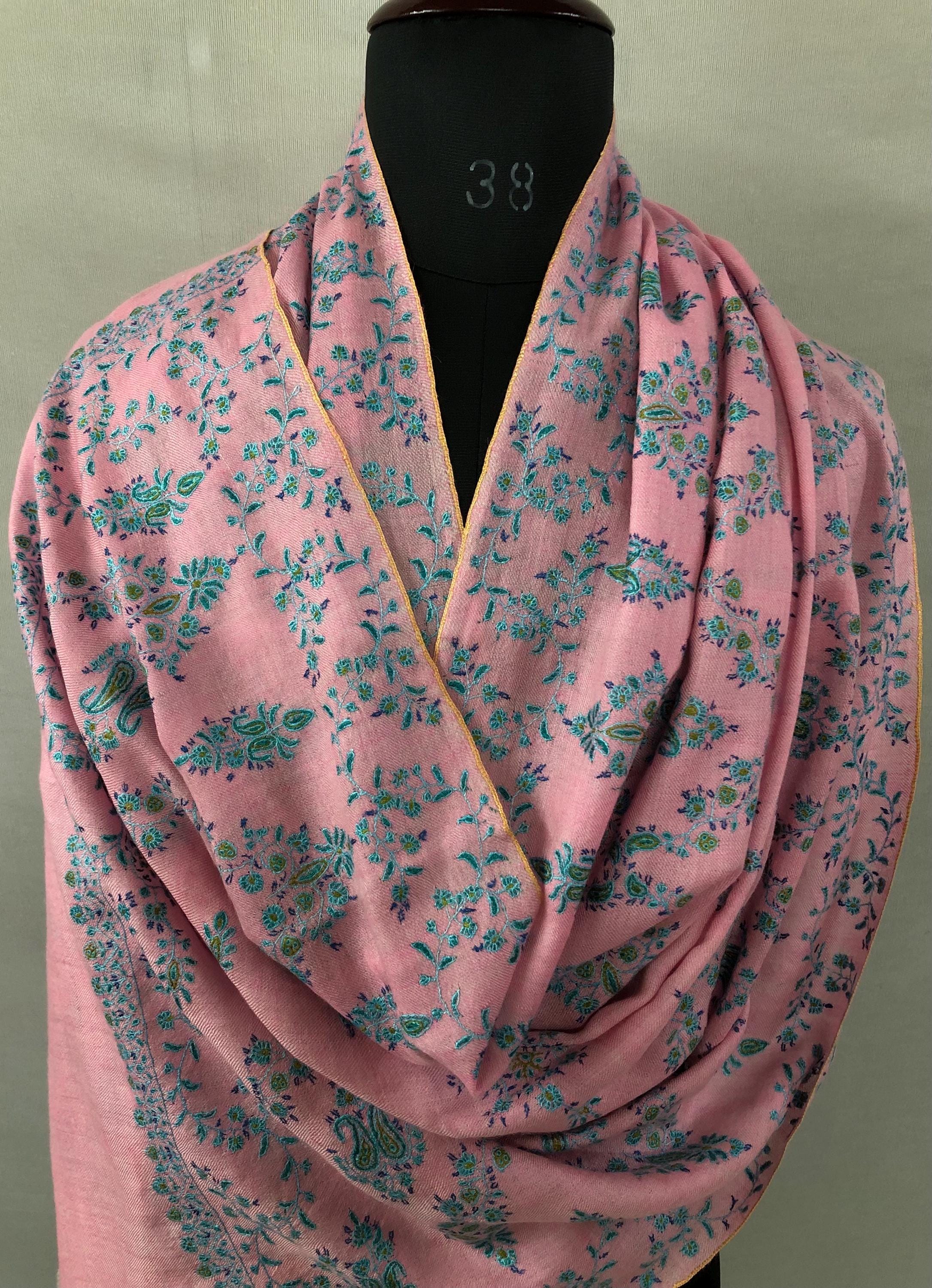 Orchid pink with blue and green micro fine embroidery modern design luxury  real cashmere pashmina stole shawl - Mehraj Crafts 