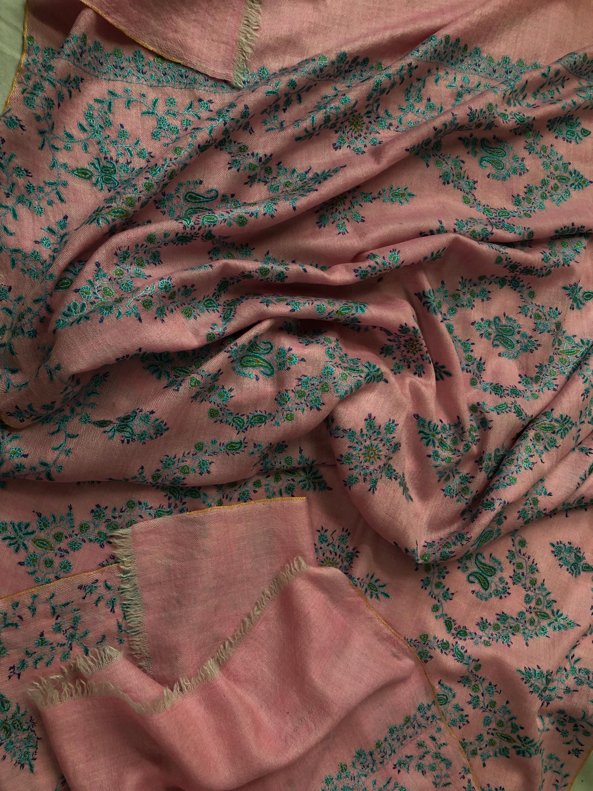 Orchid pink with blue and green micro fine embroidery modern design luxury  real cashmere pashmina stole shawl - Mehraj Crafts 