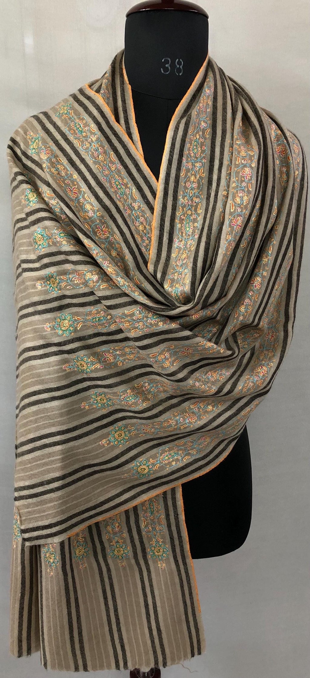 Hand-Embroidered Striped Cashmere Pashmina Stole - Kashmir Sozni Design 67x204 cms