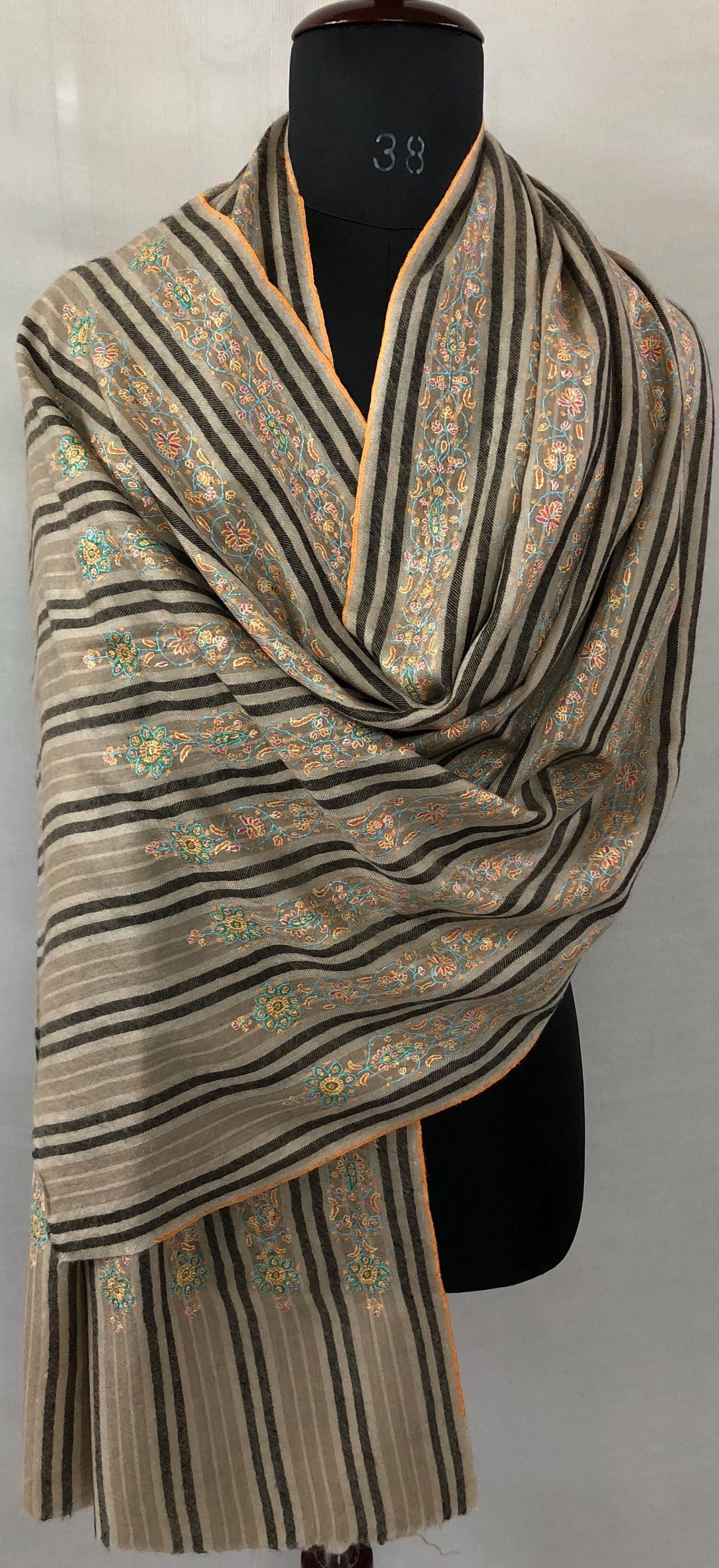 Hand-Embroidered Striped Cashmere Pashmina Stole - Kashmir Sozni Design 67x204 cms