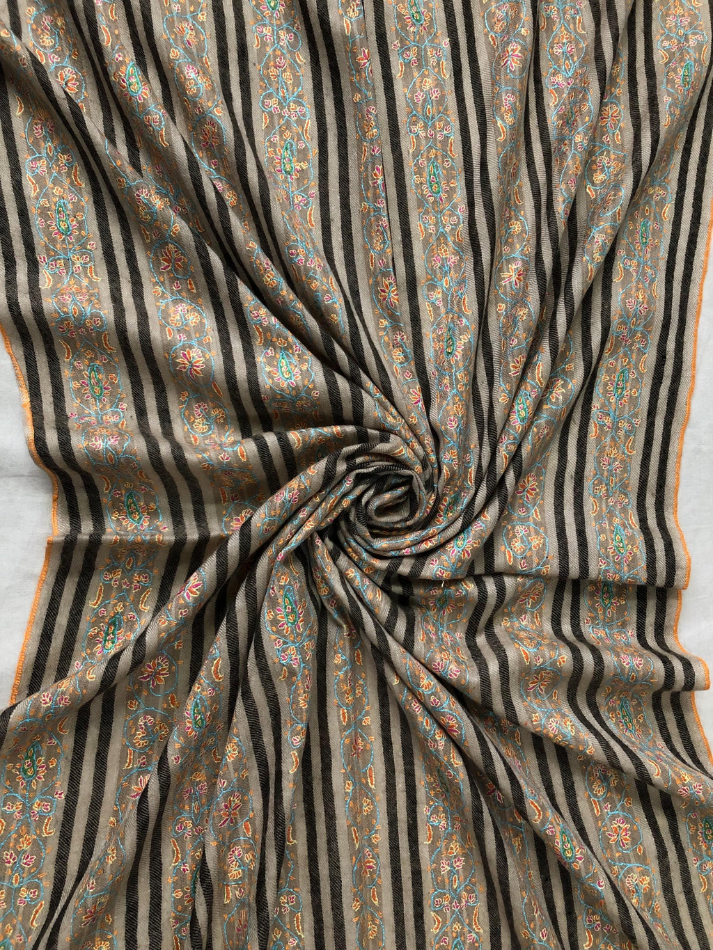 Natural grey and black stripes luxury modern design sozni fine hand embroidered unique design real cashmere pashmina stole shawl - Mehraj Crafts 