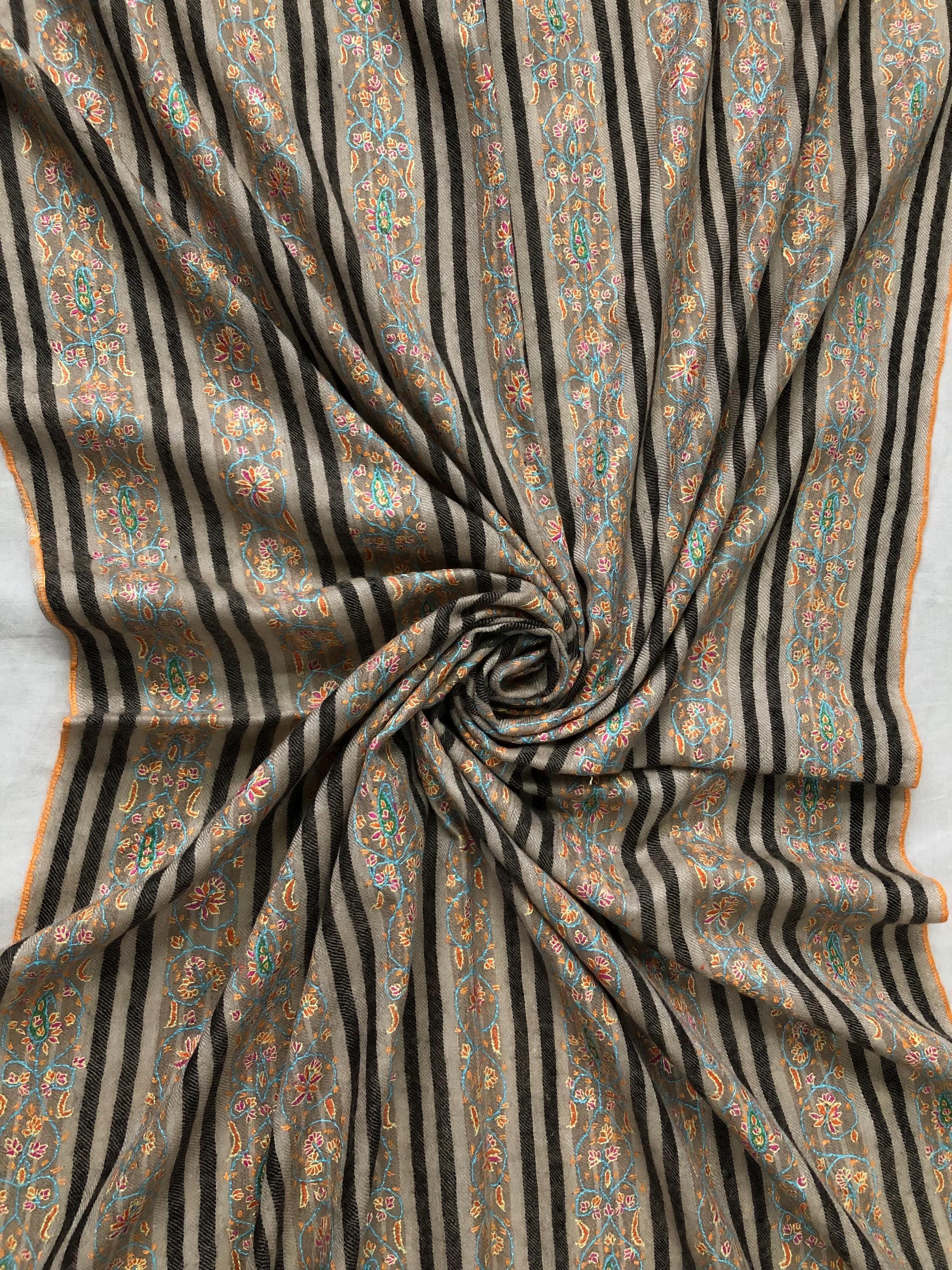 Natural grey and black stripes luxury modern design sozni fine hand embroidered unique design real cashmere pashmina stole shawl - Mehraj Crafts 