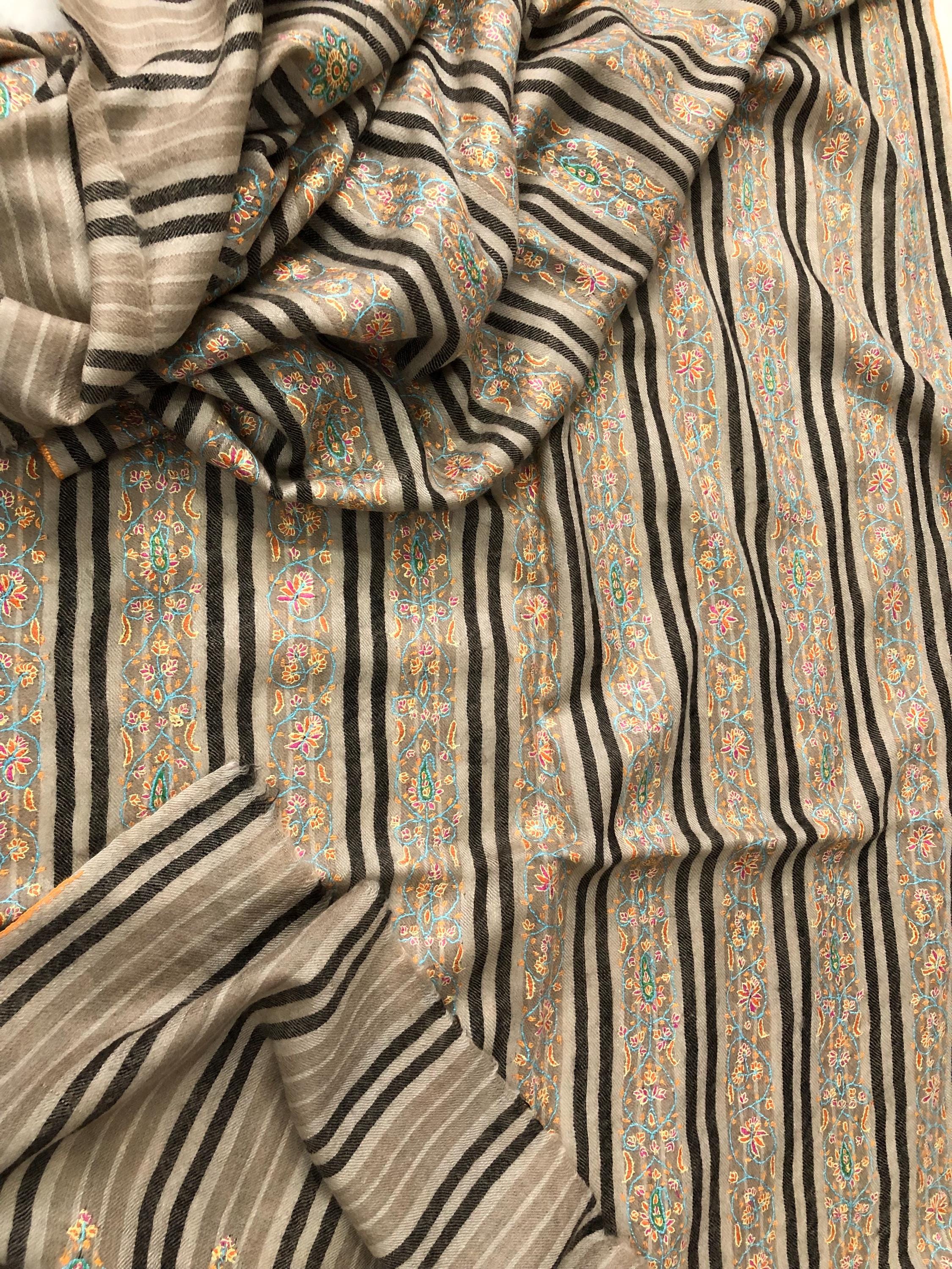 Natural grey and black stripes luxury modern design sozni fine hand embroidered unique design real cashmere pashmina stole shawl - Mehraj Crafts 