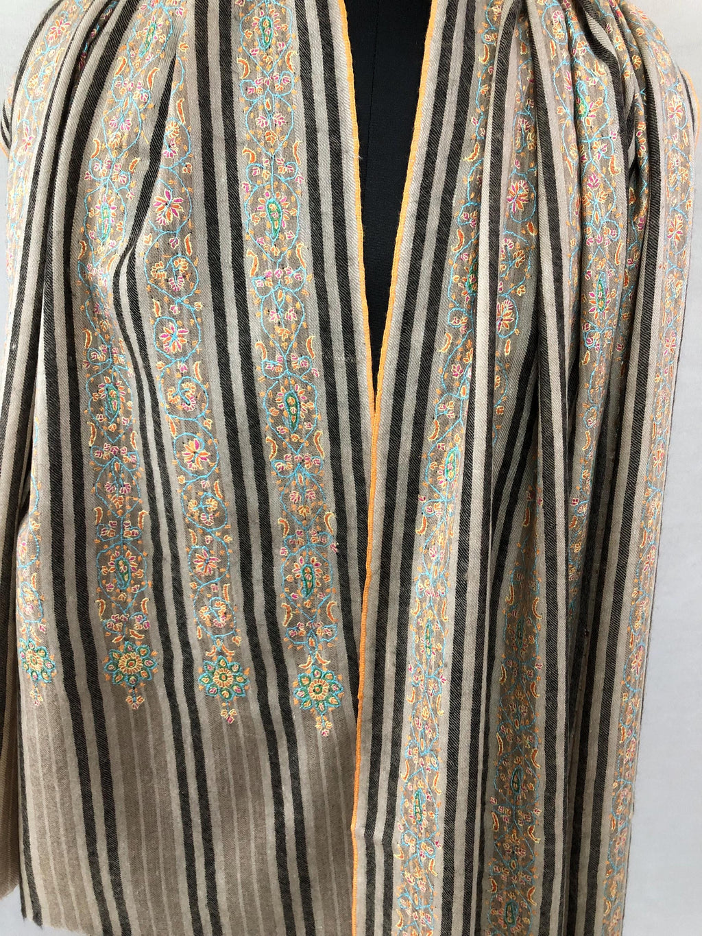 Natural grey and black stripes luxury modern design sozni fine hand embroidered unique design real cashmere pashmina stole shawl - Mehraj Crafts 
