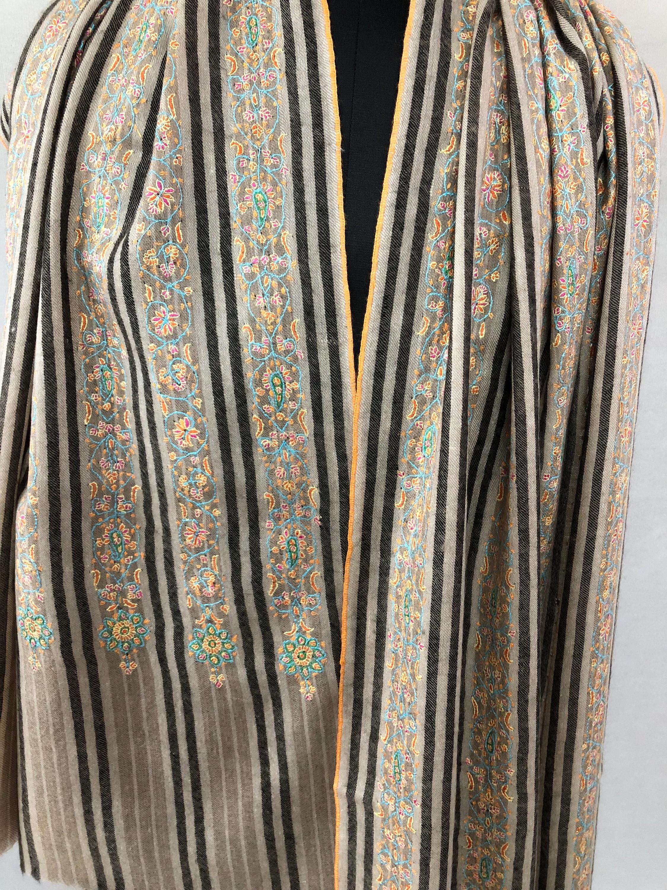 Natural grey and black stripes luxury modern design sozni fine hand embroidered unique design real cashmere pashmina stole shawl - Mehraj Crafts 