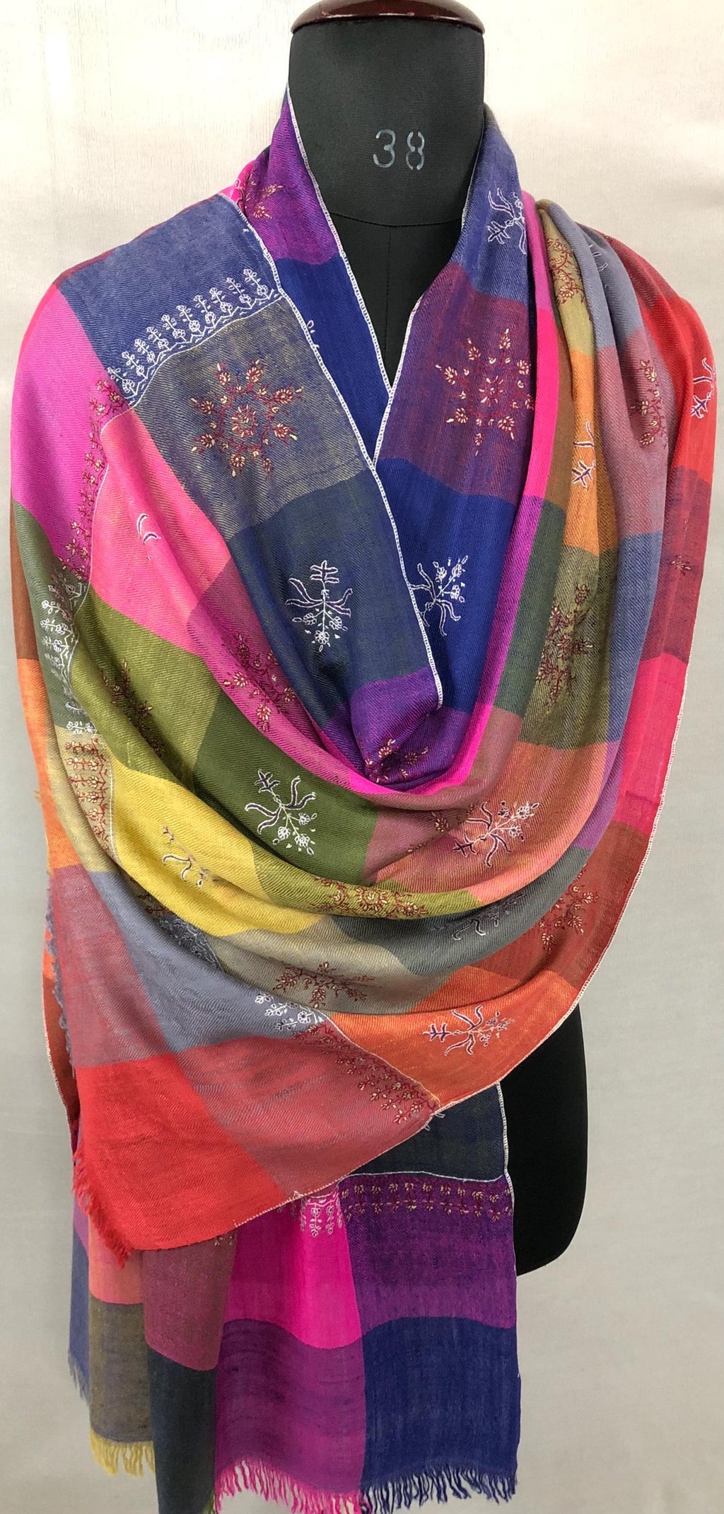Multicoloured handwoven check modern design micro fine hand embroidered booties   Handcrafted real cashmere pashmina stole shawl - Mehraj Crafts 
