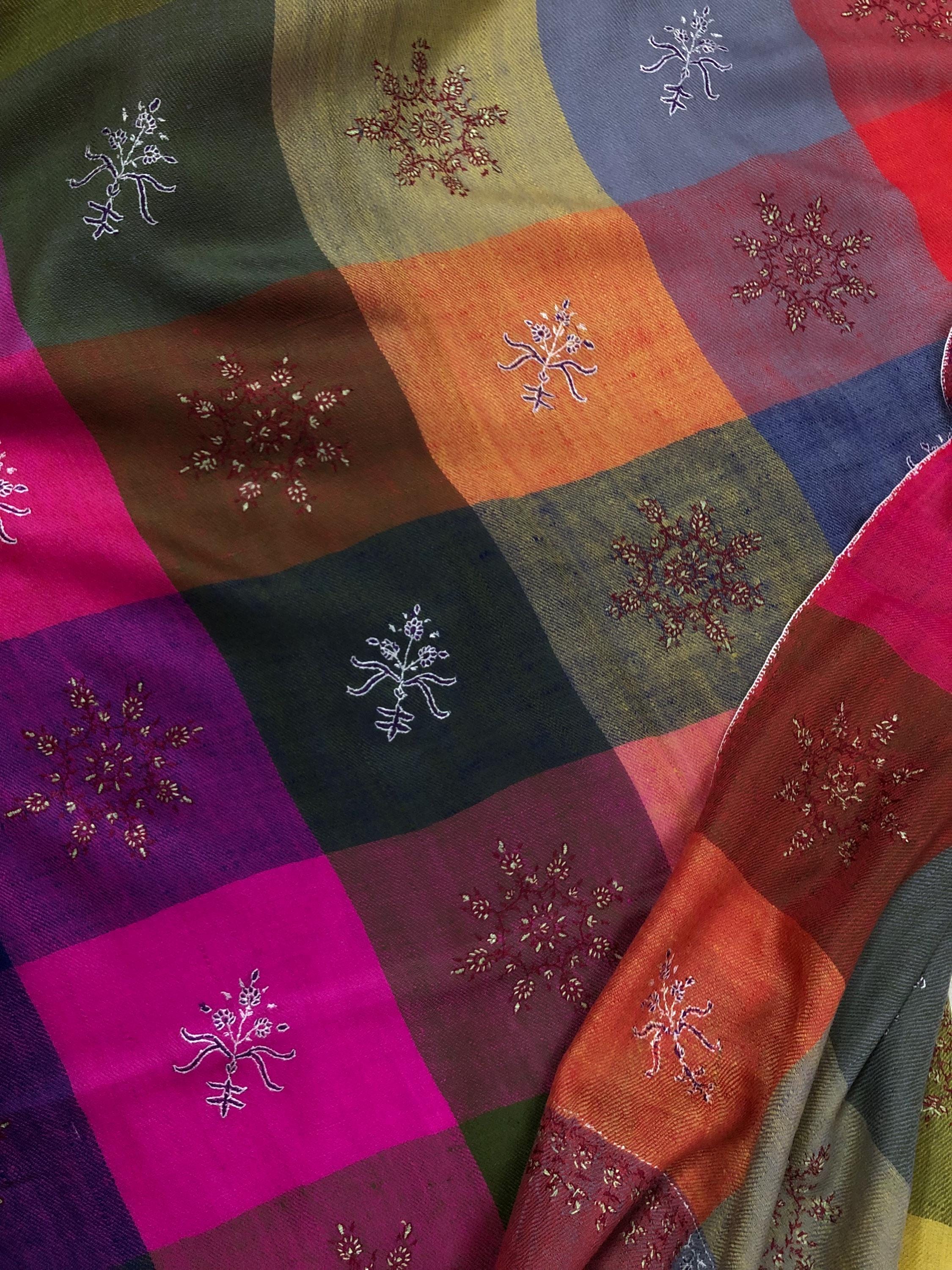 Multicoloured handwoven check modern design micro fine hand embroidered booties   Handcrafted real cashmere pashmina stole shawl - Mehraj Crafts 