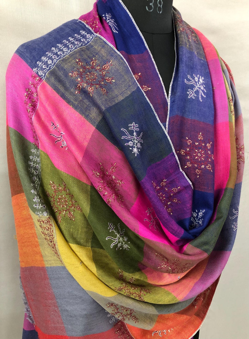 Multicoloured handwoven check modern design micro fine hand embroidered booties   Handcrafted real cashmere pashmina stole shawl - Mehraj Crafts 