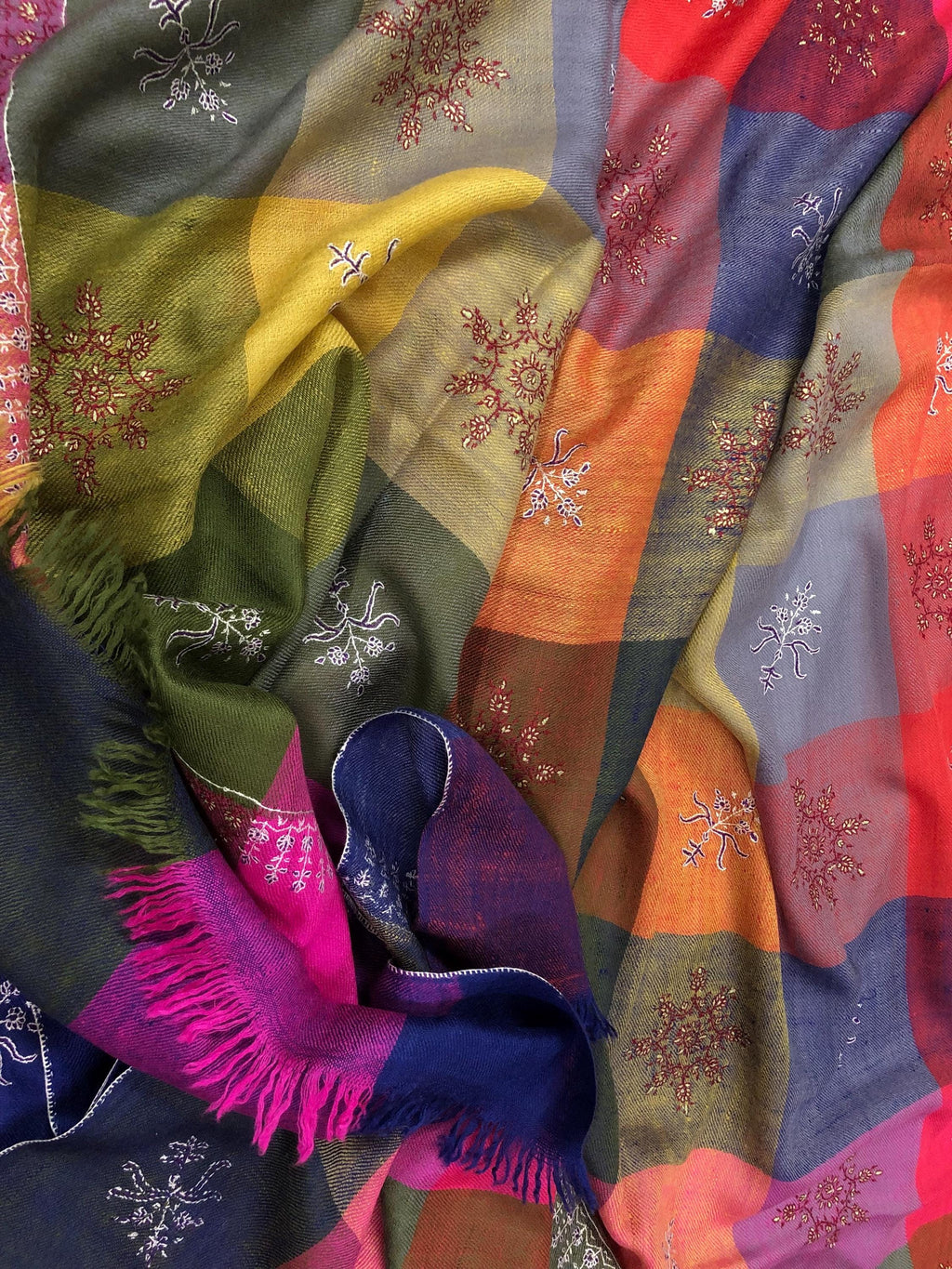 Multicoloured handwoven check modern design micro fine hand embroidered booties   Handcrafted real cashmere pashmina stole shawl - Mehraj Crafts 