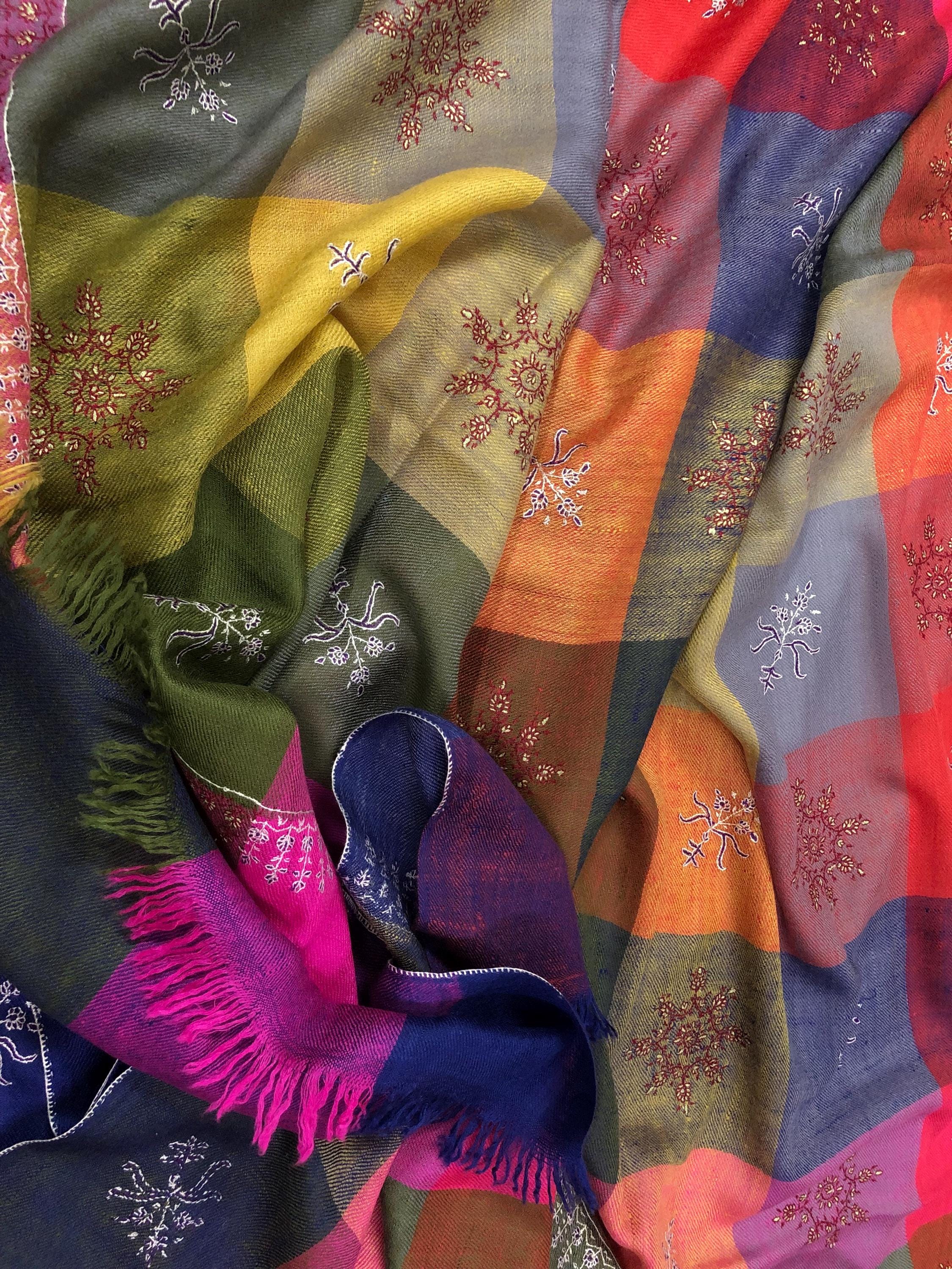 Multicoloured handwoven check modern design micro fine hand embroidered booties   Handcrafted real cashmere pashmina stole shawl - Mehraj Crafts 