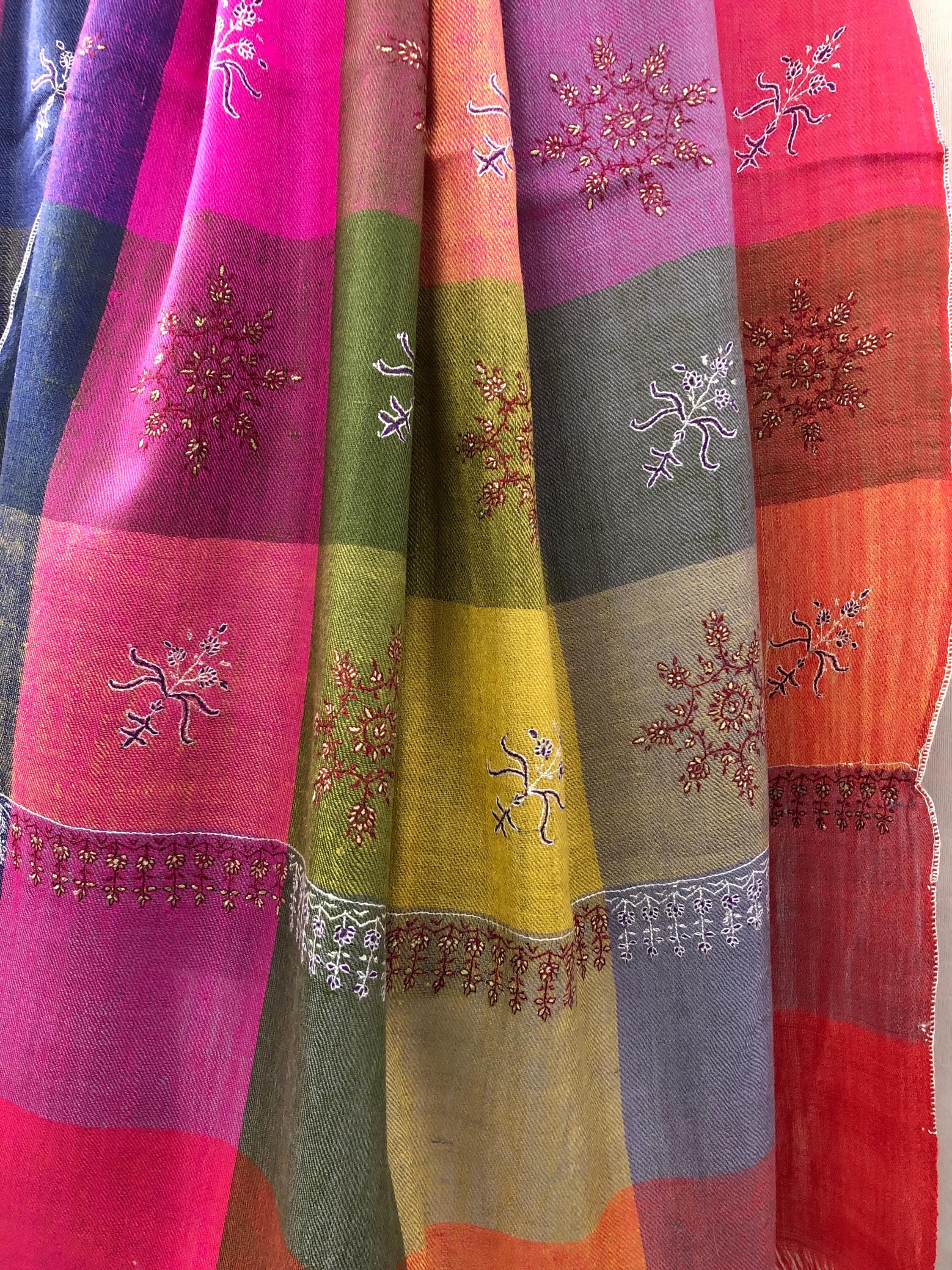 Multicoloured handwoven check modern design micro fine hand embroidered booties   Handcrafted real cashmere pashmina stole shawl - Mehraj Crafts 