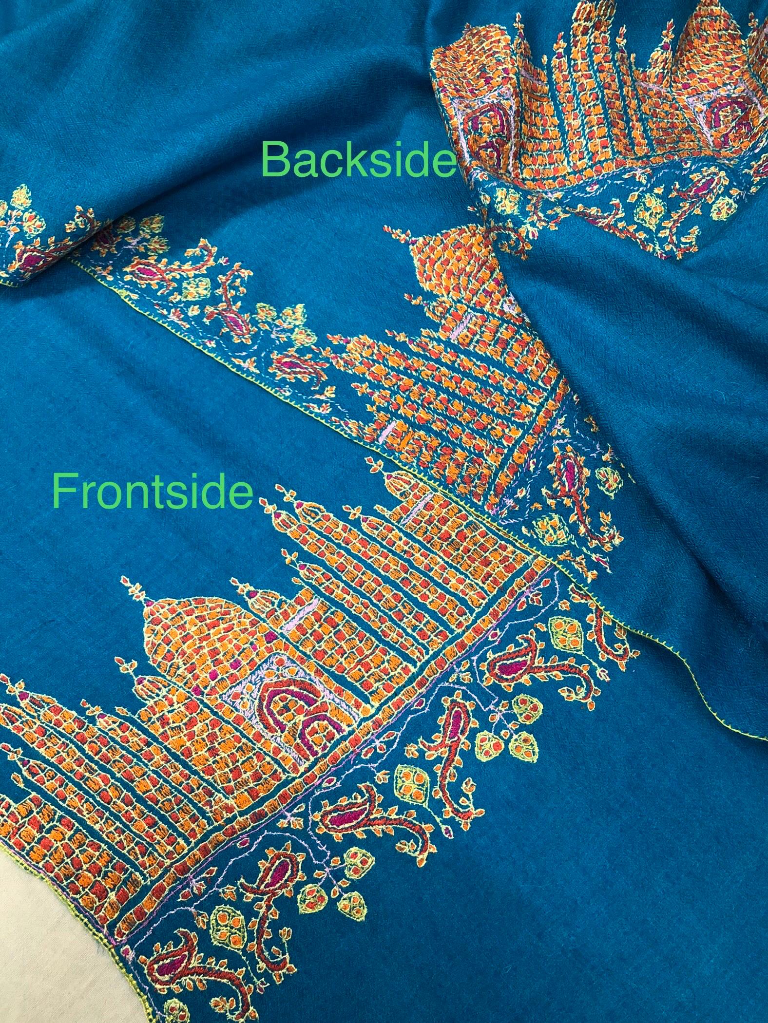 Taj Mahal vintage artisanal Sozni micro fine embroidered handcrafted real cashmere pashmina stole shawl - Mehraj Crafts 