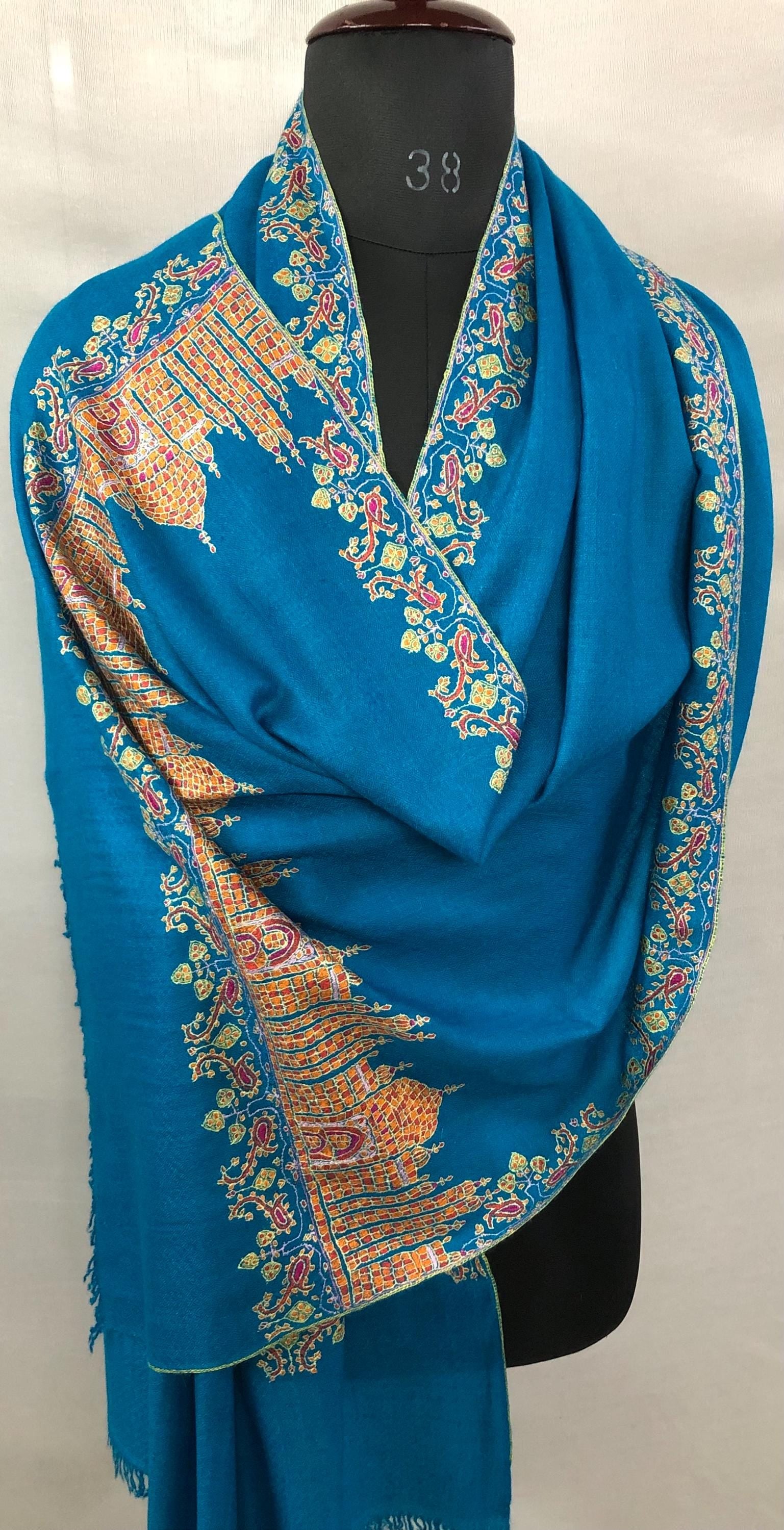 Taj Mahal vintage artisanal Sozni micro fine embroidered handcrafted real cashmere pashmina stole shawl - Mehraj Crafts 