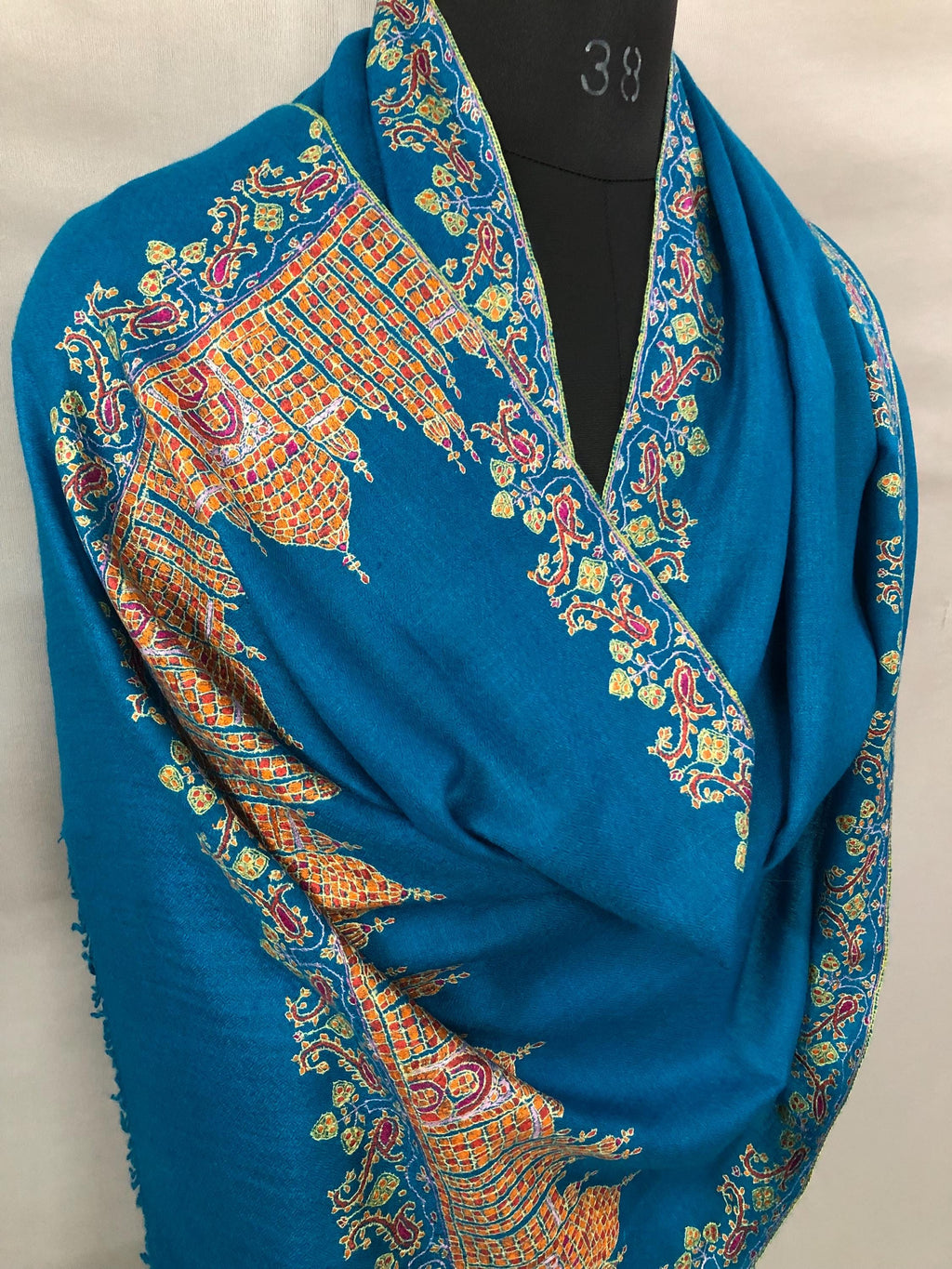 Taj Mahal vintage artisanal Sozni micro fine embroidered handcrafted real cashmere pashmina stole shawl - Mehraj Crafts 