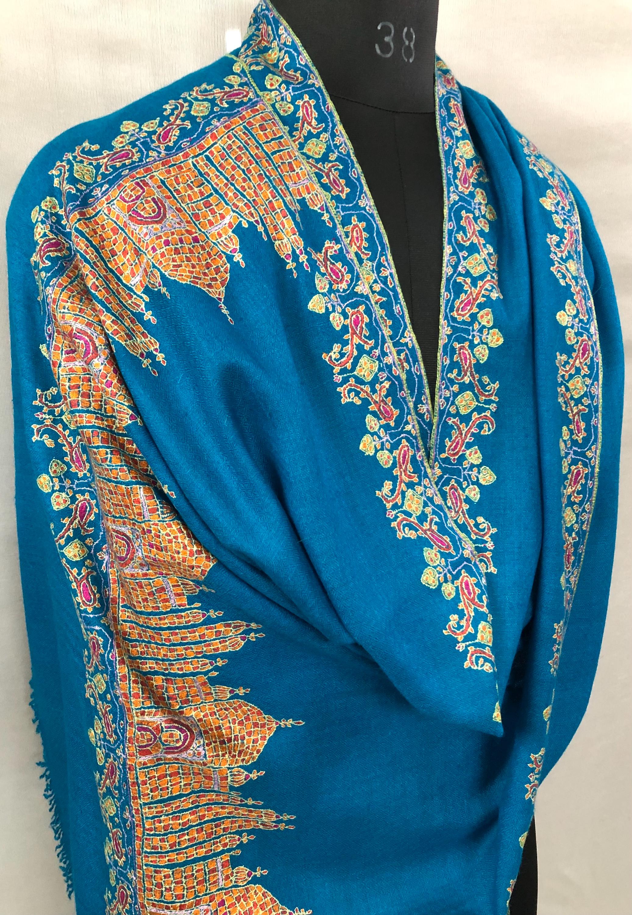 Taj Mahal vintage artisanal Sozni micro fine embroidered handcrafted real cashmere pashmina stole shawl - Mehraj Crafts 