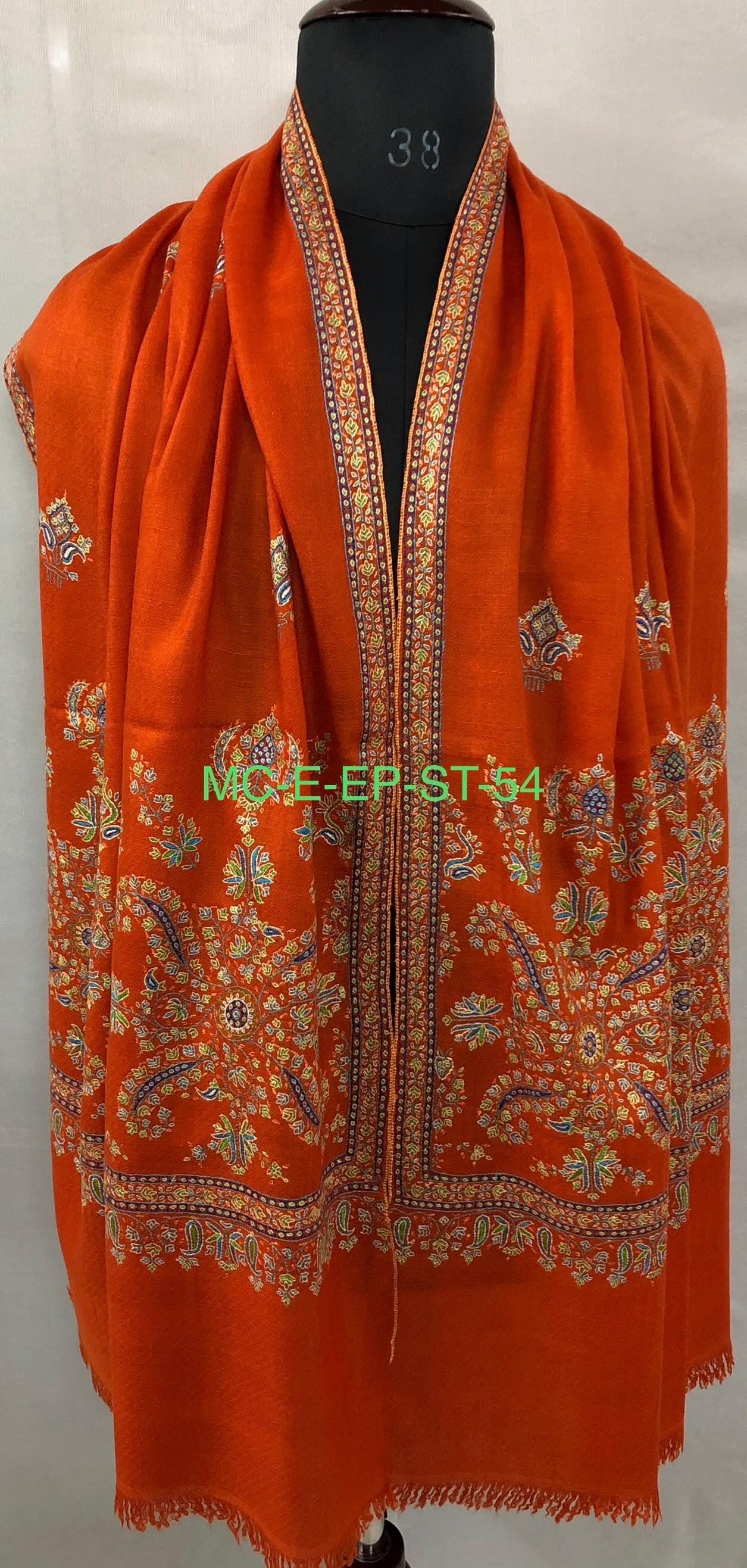 Orangeade super micro fine hand embroidered palla handwoven real cashmere pashmina wrap stole shawl - Mehraj Crafts 