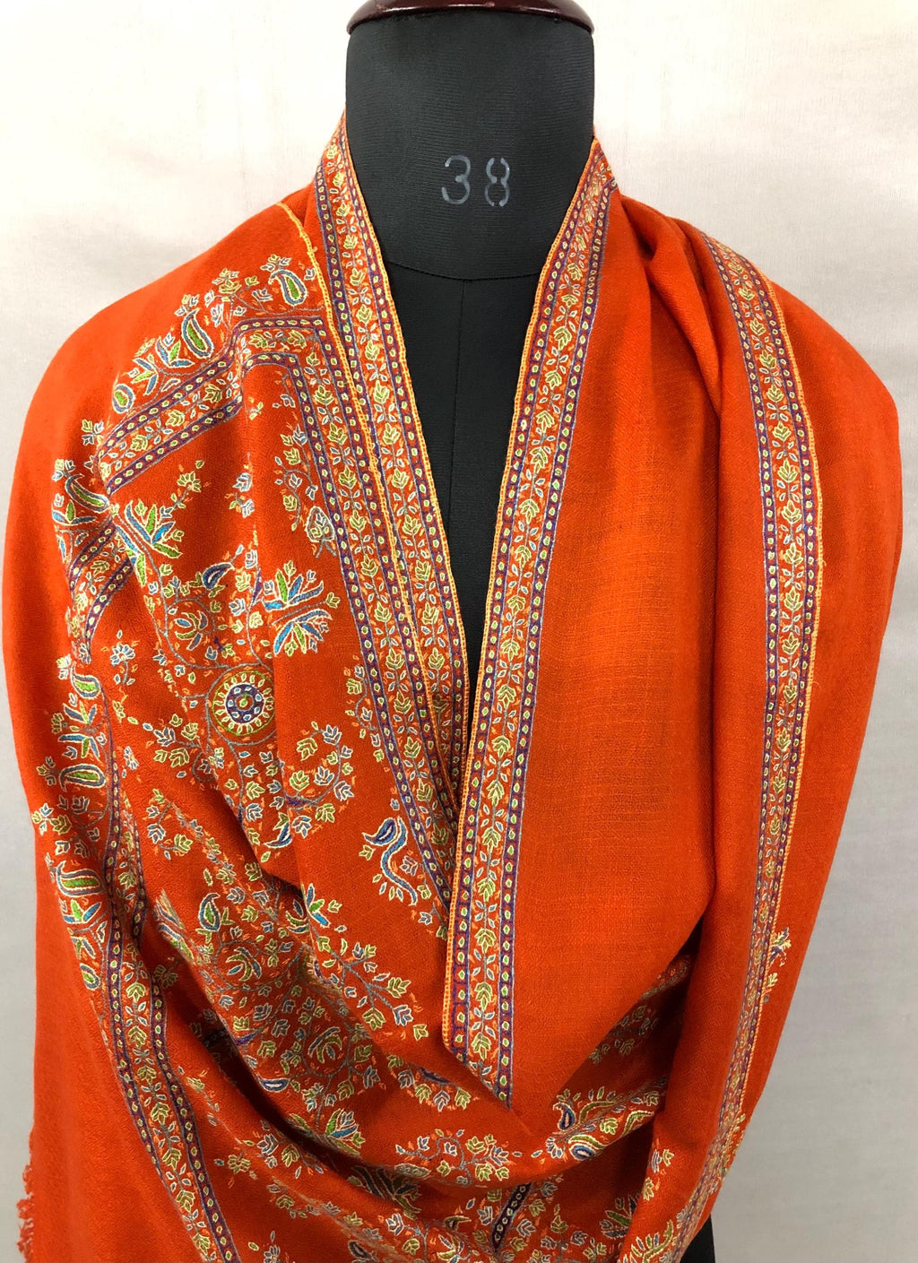 Orangeade super micro fine hand embroidered palla handwoven real cashmere pashmina wrap stole shawl - Mehraj Crafts 