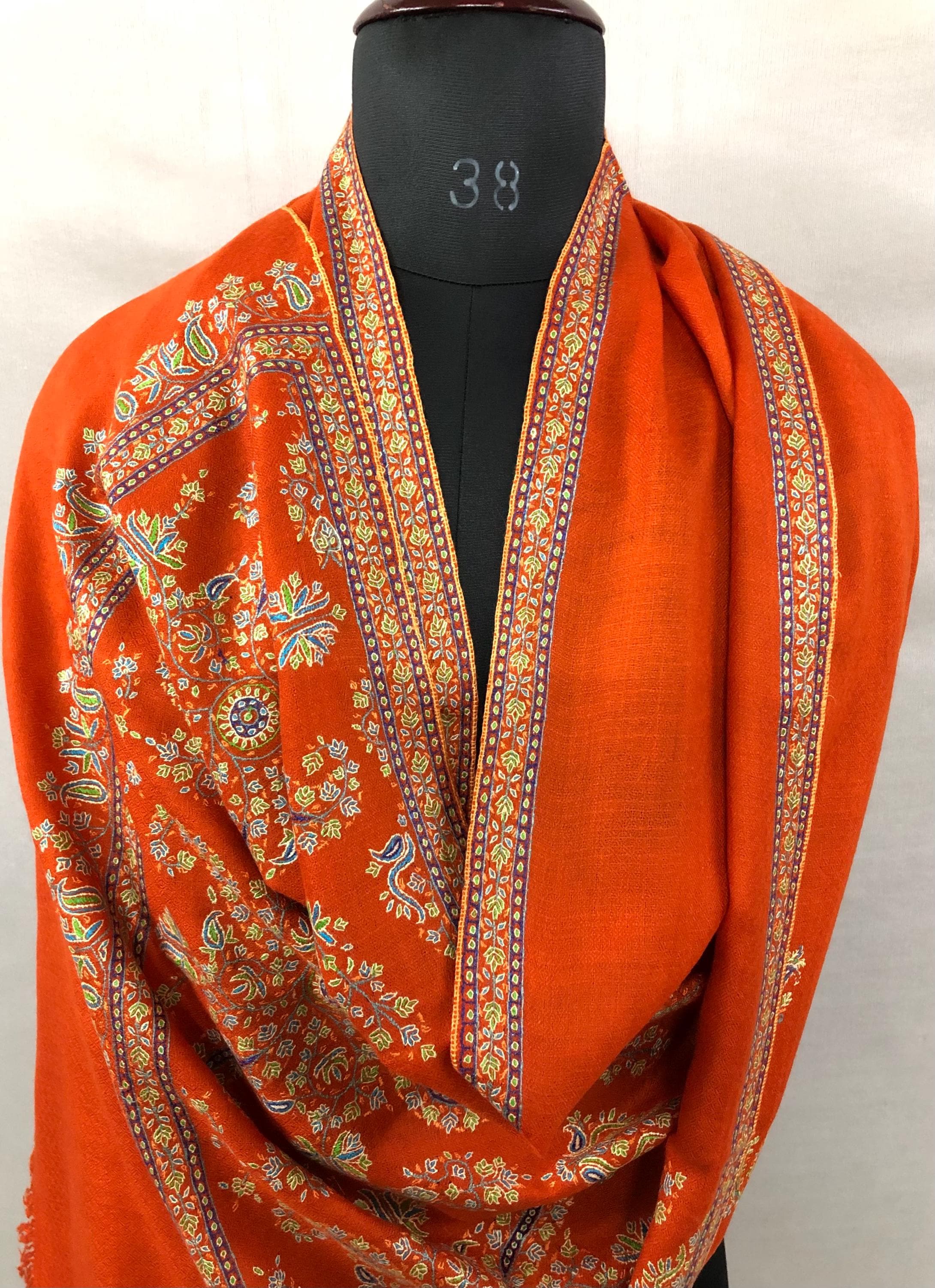Orangeade super micro fine hand embroidered palla handwoven real cashmere pashmina wrap stole shawl - Mehraj Crafts 