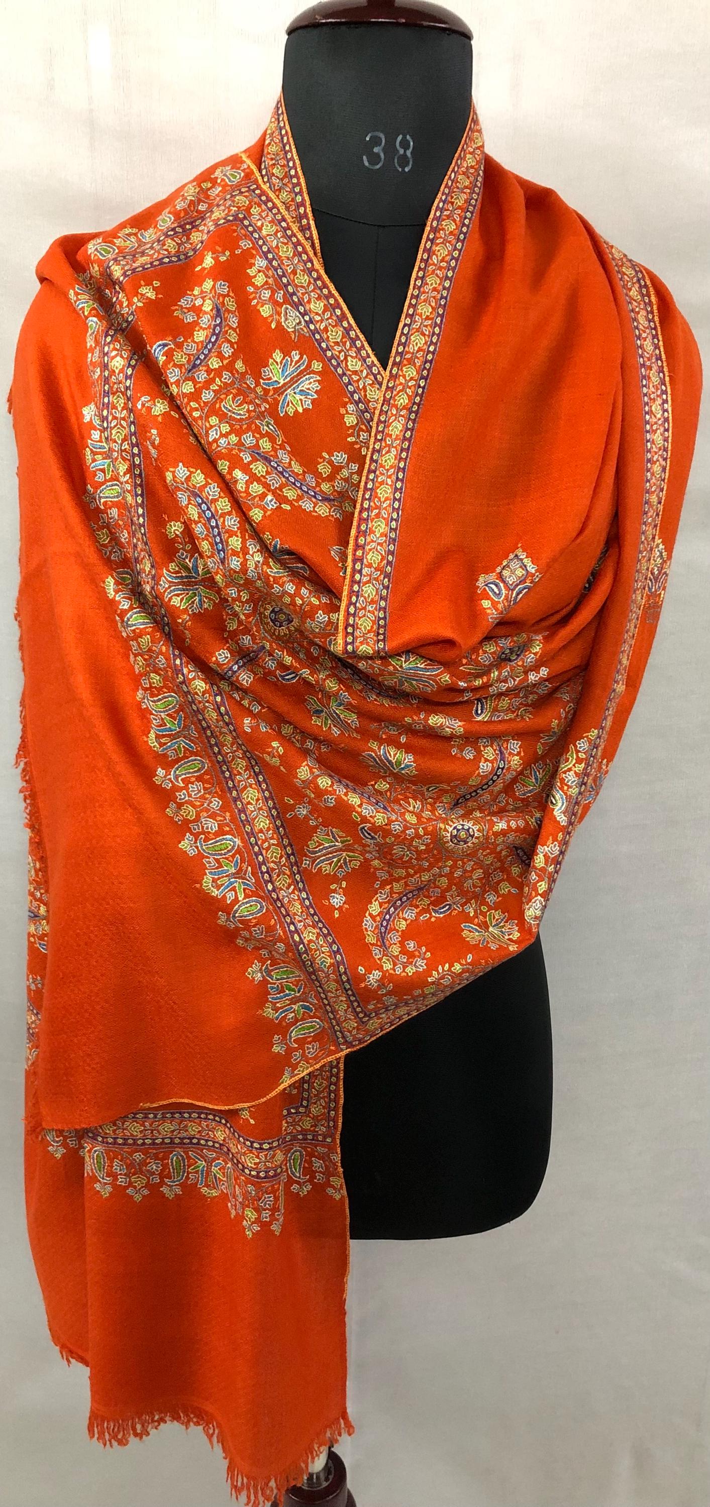 Orangeade super micro fine hand embroidered palla handwoven real cashmere pashmina wrap stole shawl - Mehraj Crafts 