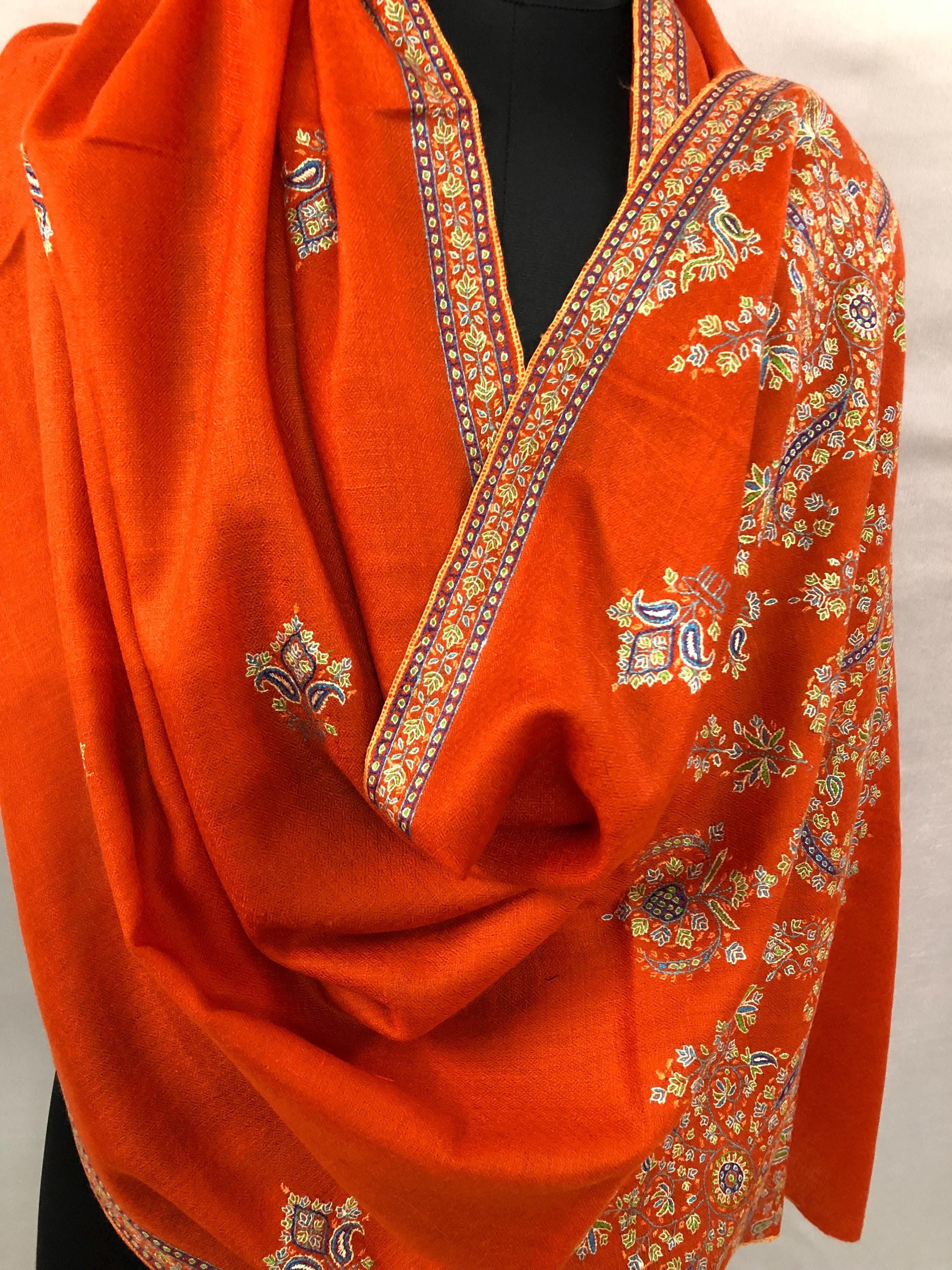 Orangeade super micro fine hand embroidered palla handwoven real cashmere pashmina wrap stole shawl - Mehraj Crafts 