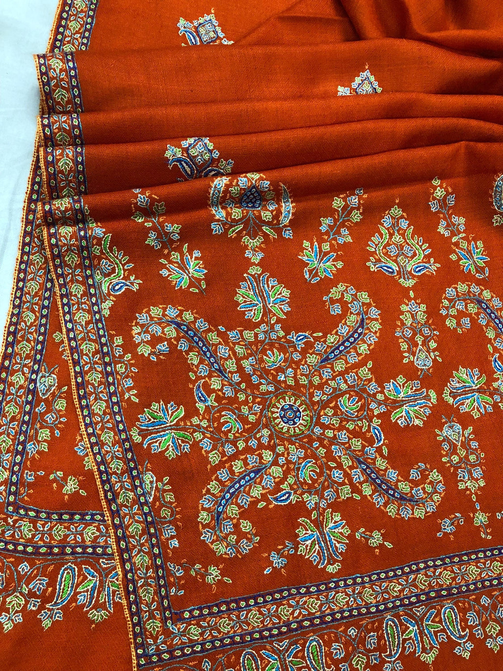 Orangeade super micro fine hand embroidered palla handwoven real cashmere pashmina wrap stole shawl - Mehraj Crafts 