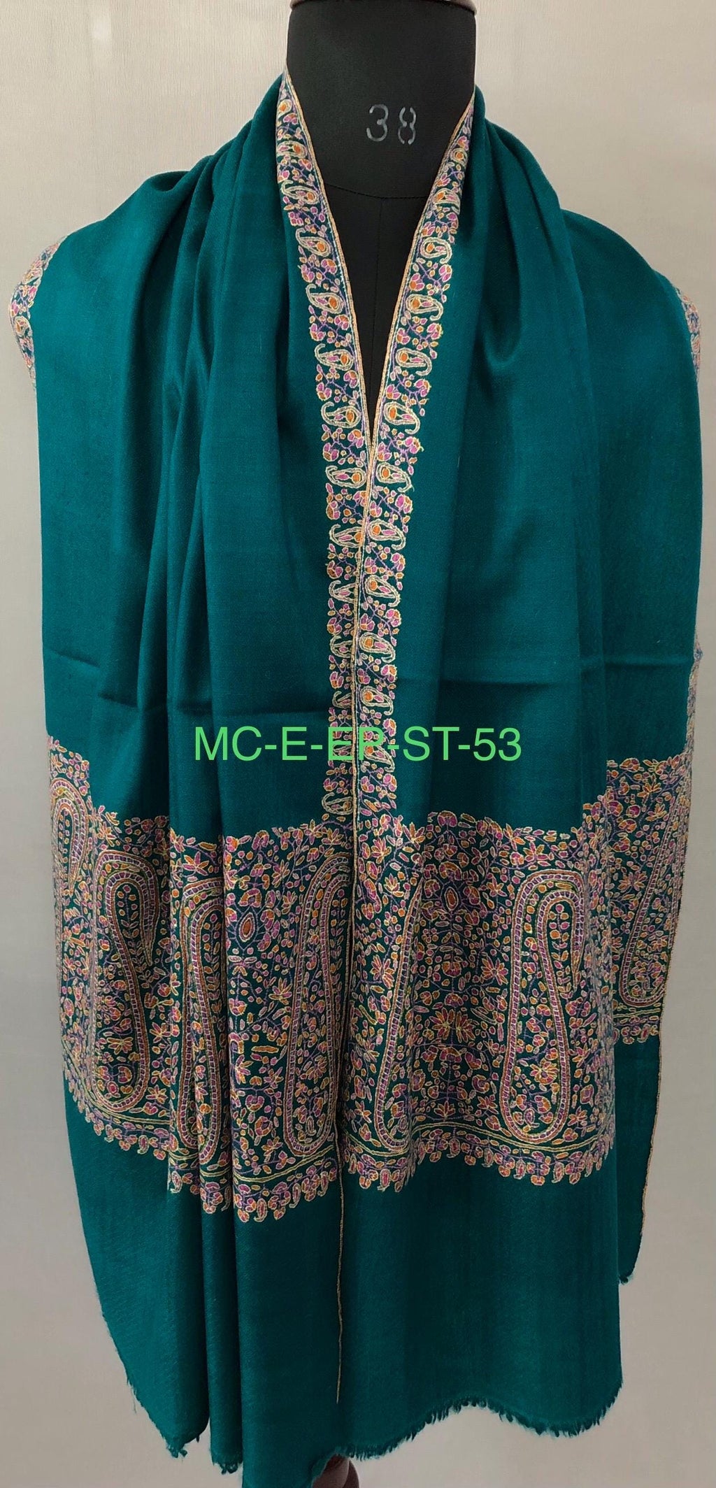 Deep teal blue artisanal Sozni micro fine hand embroidered palla authentic cashmere pashmina stole shawl - Mehraj Crafts 