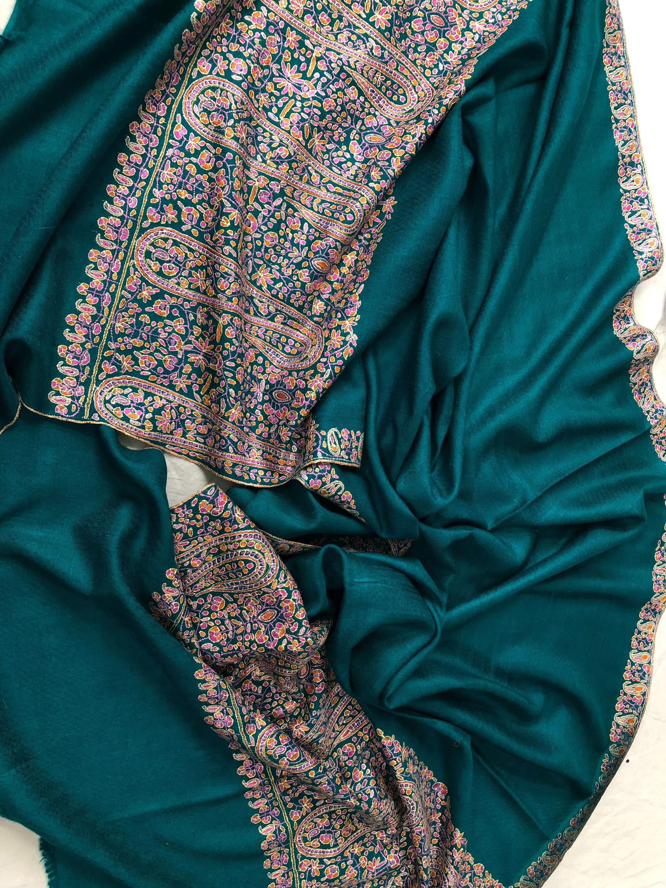 Deep teal blue artisanal Sozni micro fine hand embroidered palla authentic cashmere pashmina stole shawl - Mehraj Crafts 